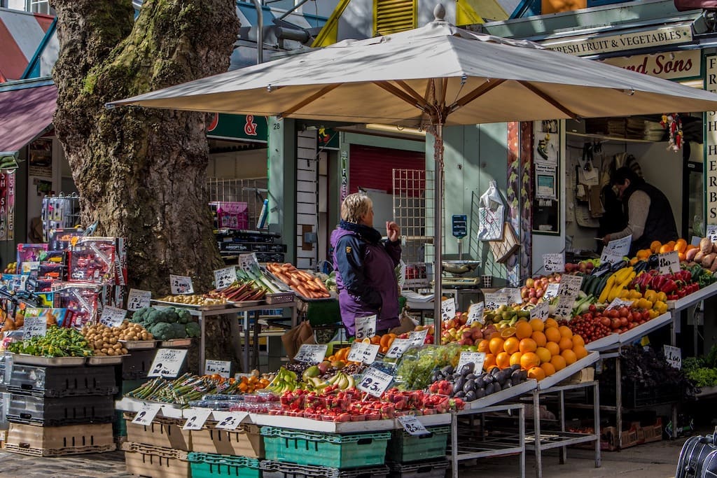 Norwich market with fruits and vegetables