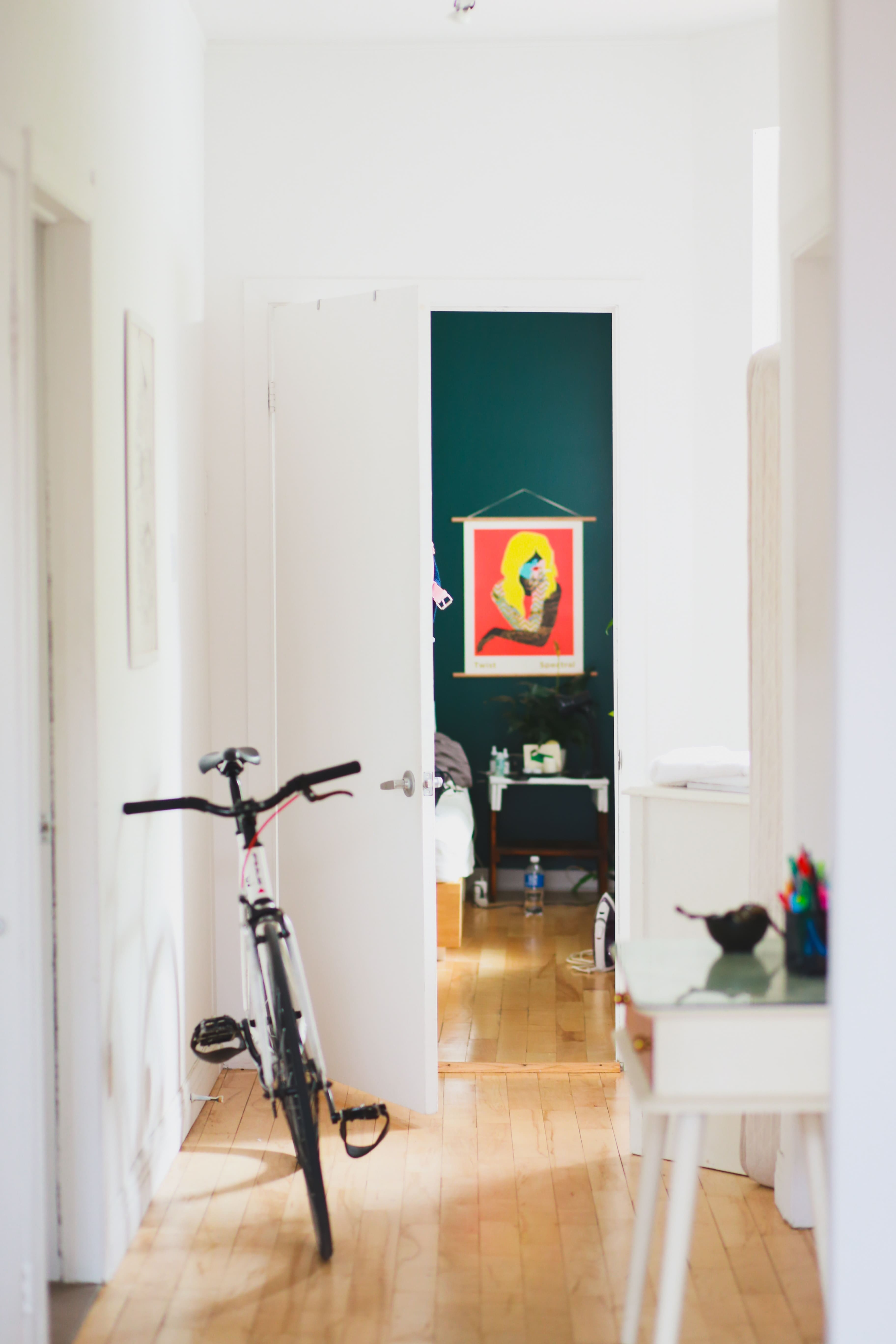an apartment with a bike in it