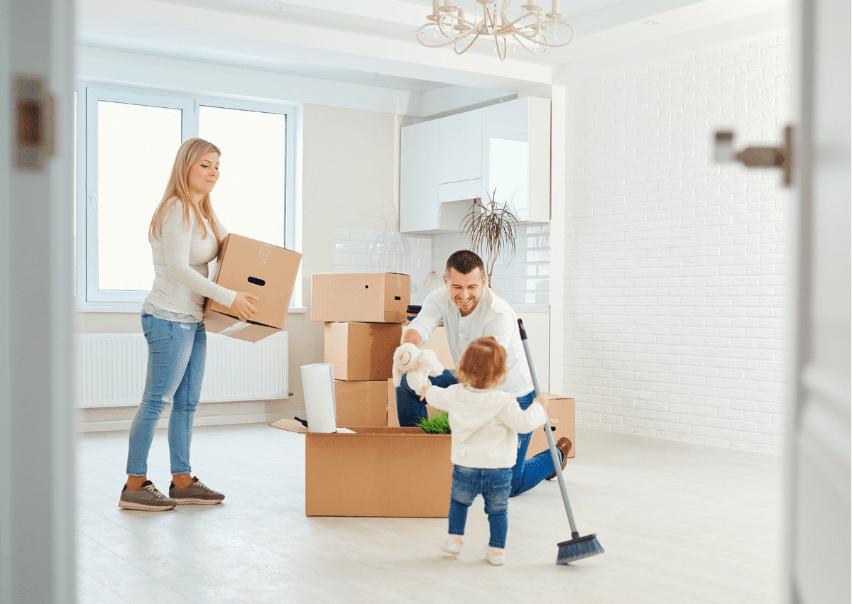 a family unboxing in a new house