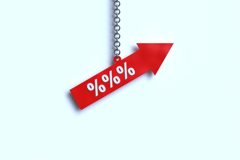 a red arrow hanging from a chain with percentage signs on