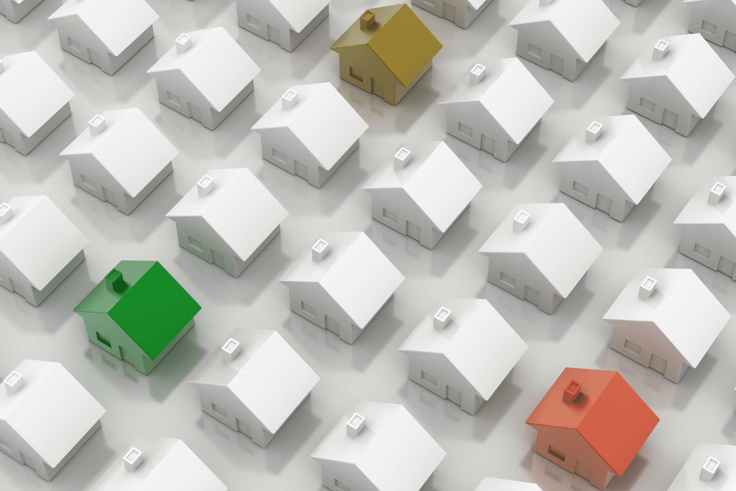cgi of white houses with one red, yellow and green ones