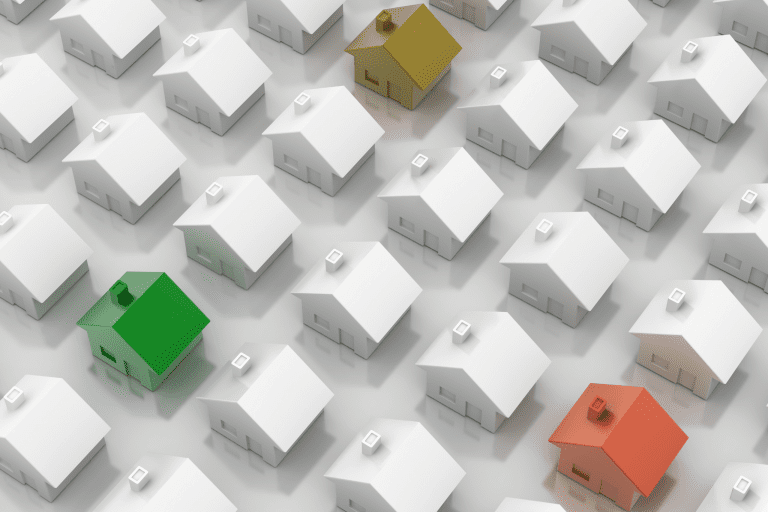 cgi of lots of white houses with yellow, red and greens ones
