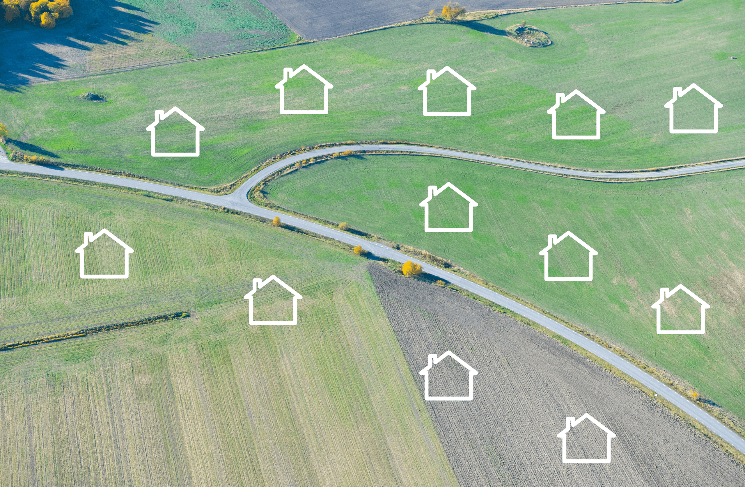 house icon outlines on an image of open fields