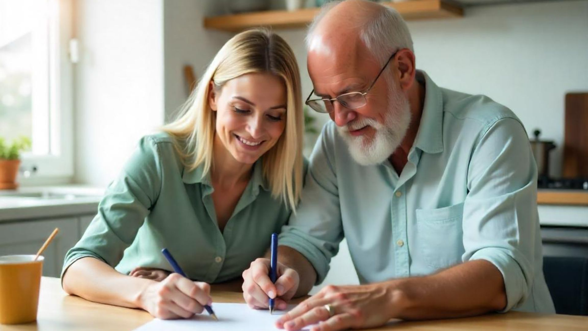 A daughter with her father signing her joint borrower sole proprietor mortgage agreement
