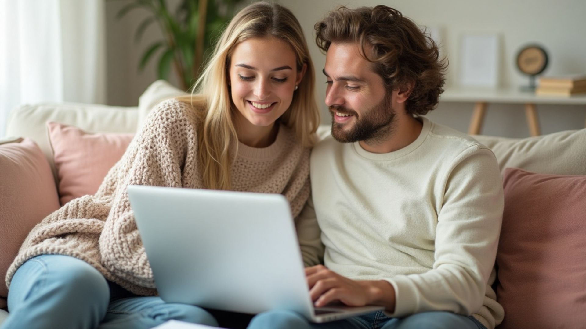 A couple sitting together on their pink and cream sofa at a laptop discussing low income mortgages