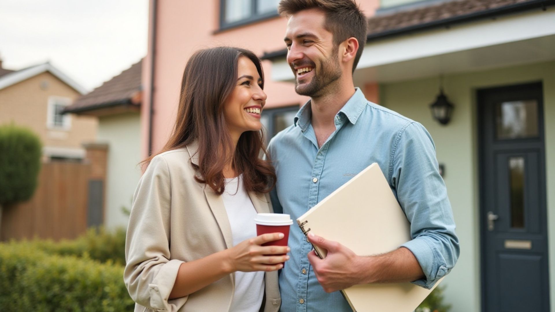 A couple standing outside their new home after discussing their repayments on a £150k mortgage