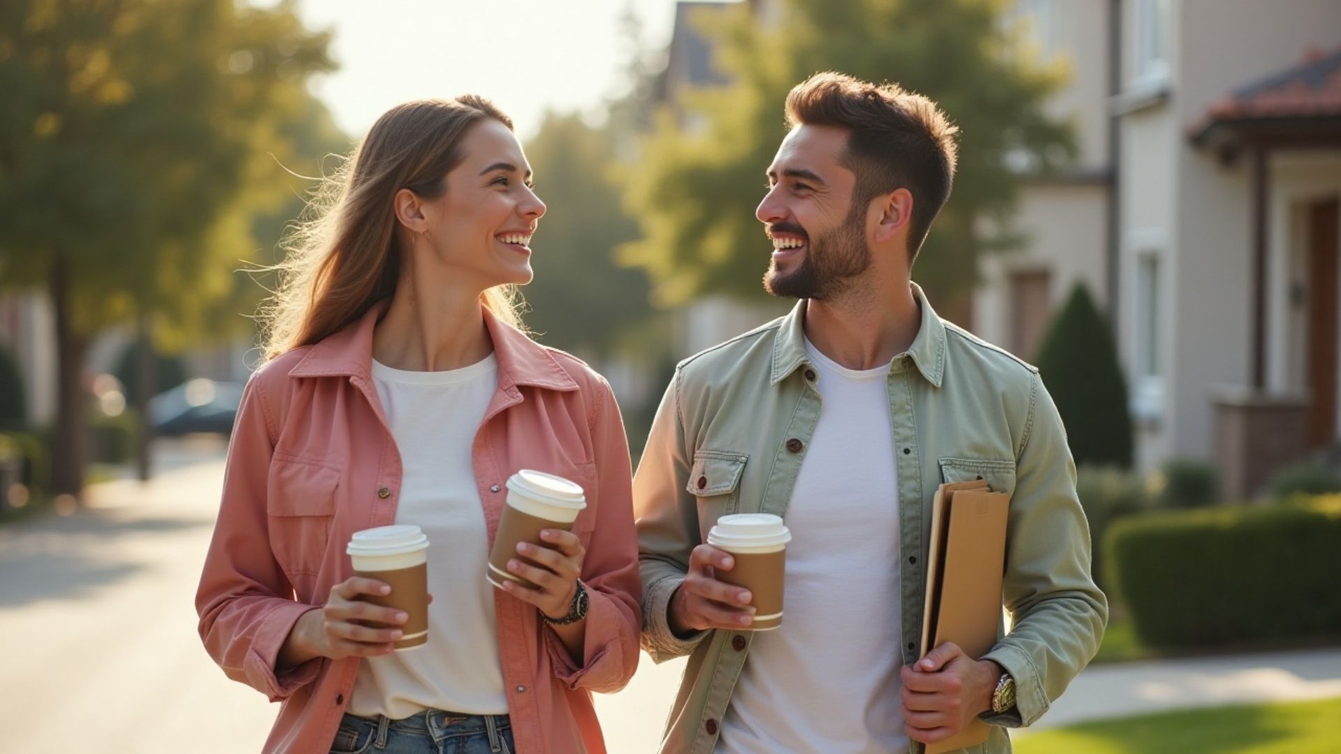 A couple strolling down the street holding coffees and a clipboard looking happy after discussing their mortgage repayments on £200k