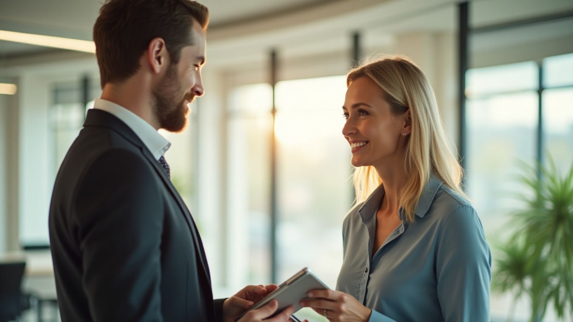 A couple of mortgage brokers standing discussing the topic