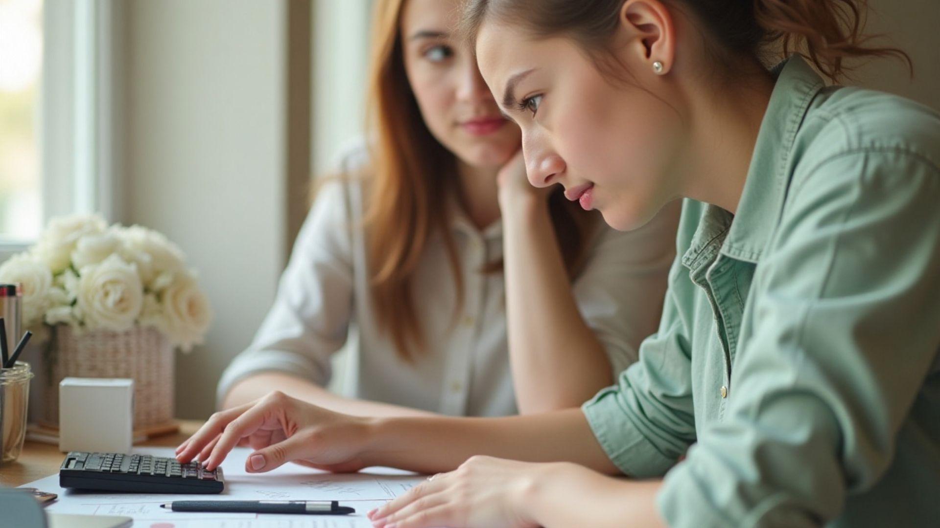 A young woman at a desk with a friend looking at what stops you getting a mortgage