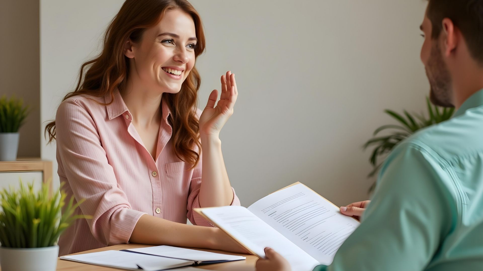 a woman and man discussing their bad credit mortgage calculator results over paper work