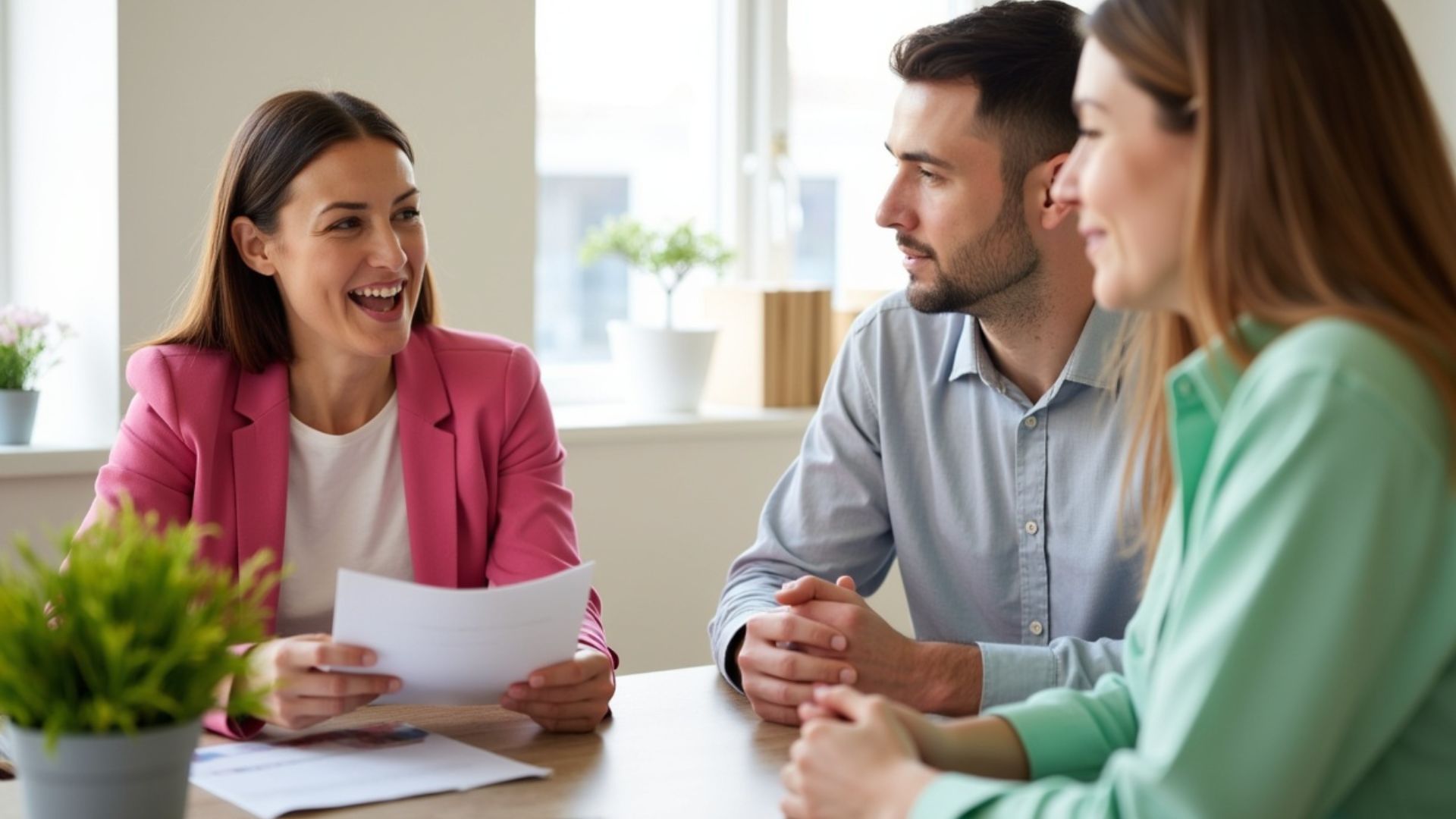 A smiling financial advisor in a pink blazer holds papers and speaks with a couple about getting a bad credit mortgage.