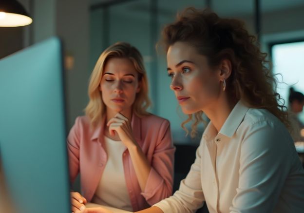 Two female mortgage advisors attentively reviewing options for bad credit mortgages on a computer screen in a modern office setting.