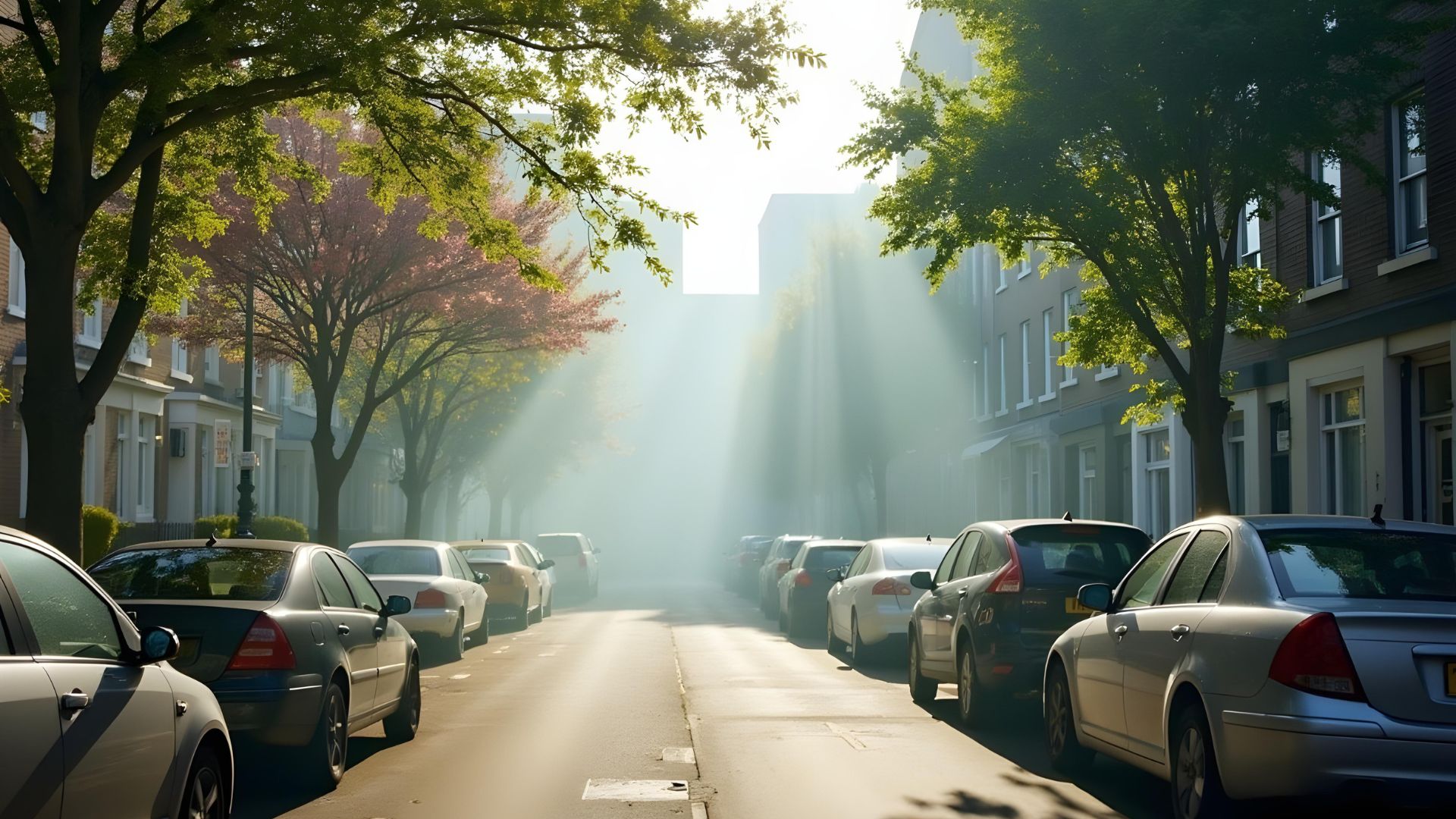A quiet British street with parked cars on a misty summer morning, dew on the vehicles, soft light filtering through the fog, trees lining the street. Bridging Loans
