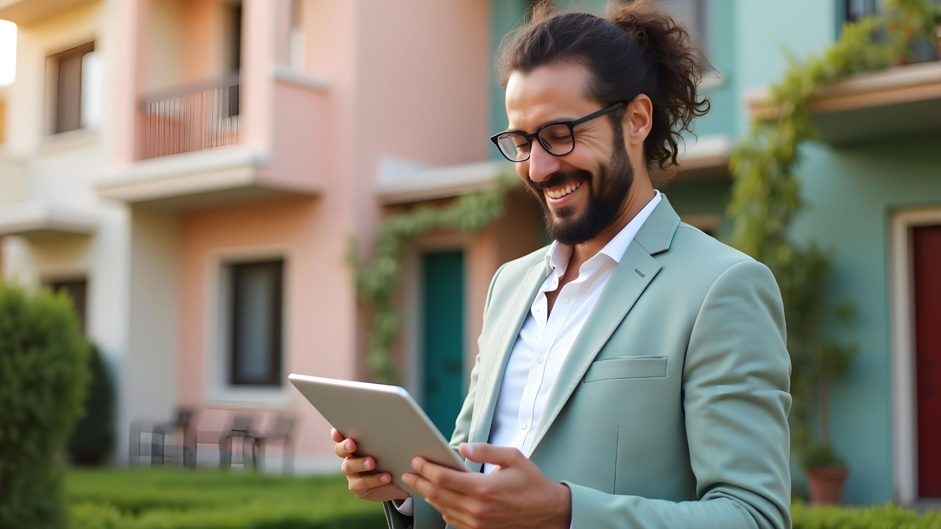 A buy-to-let mortgage broker looking at a tablet smiling after helping a customer