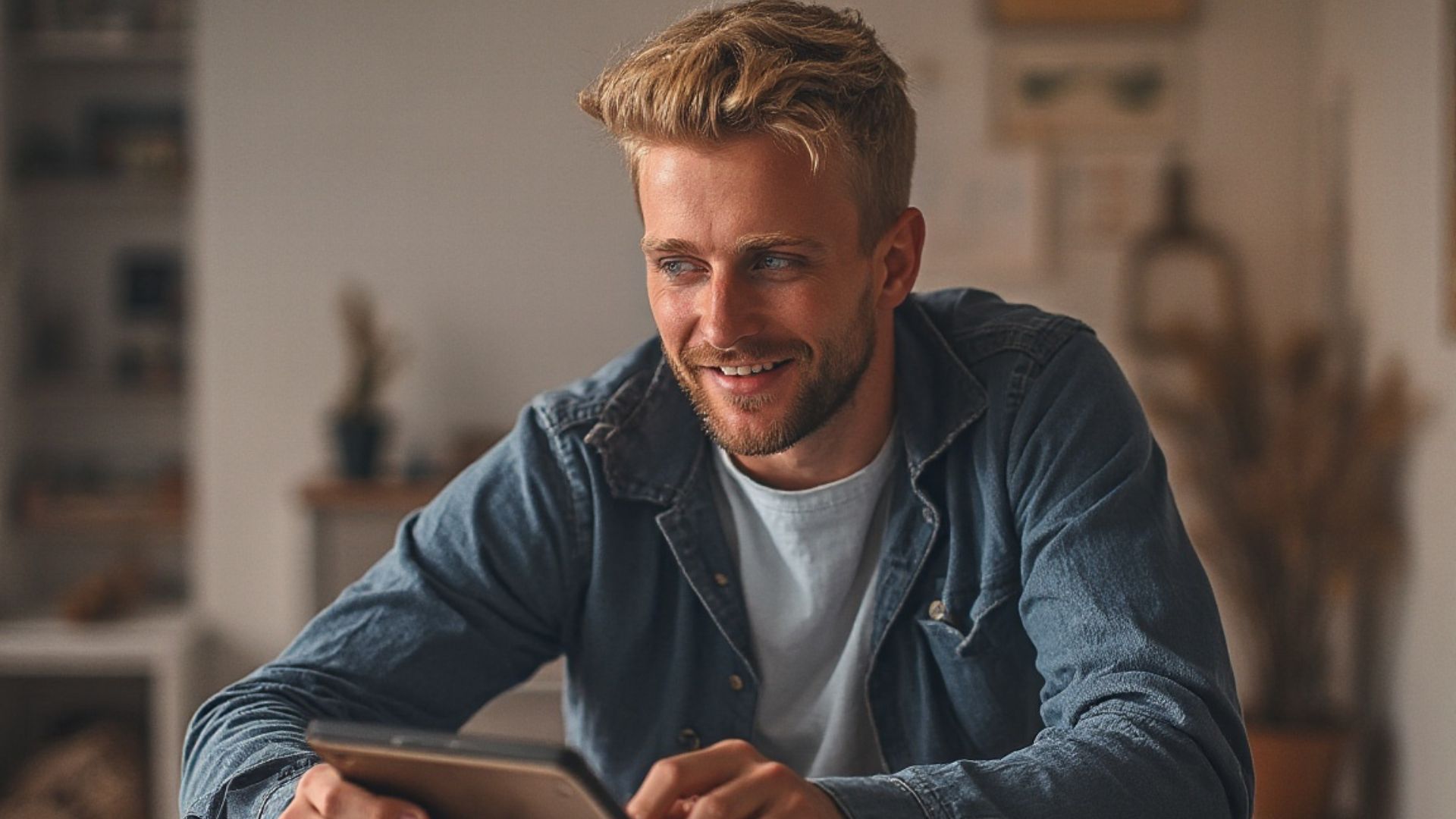 A young blonde man sitting at a table looking at an ipad research what credit score for a mortgage is needed