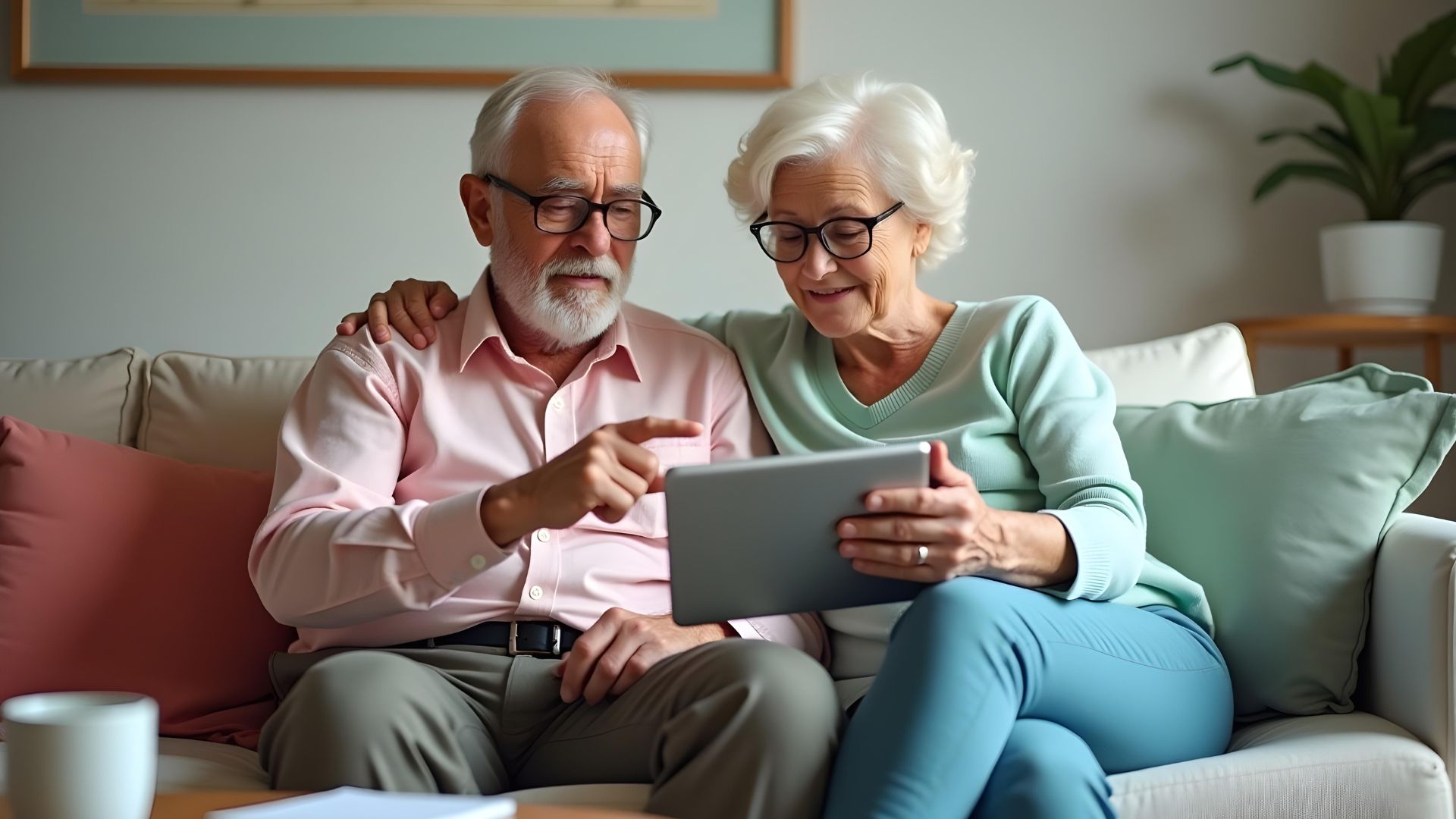 An older couple sitting down on their sofa looking at a tablet discussing their Equity Release calculator results