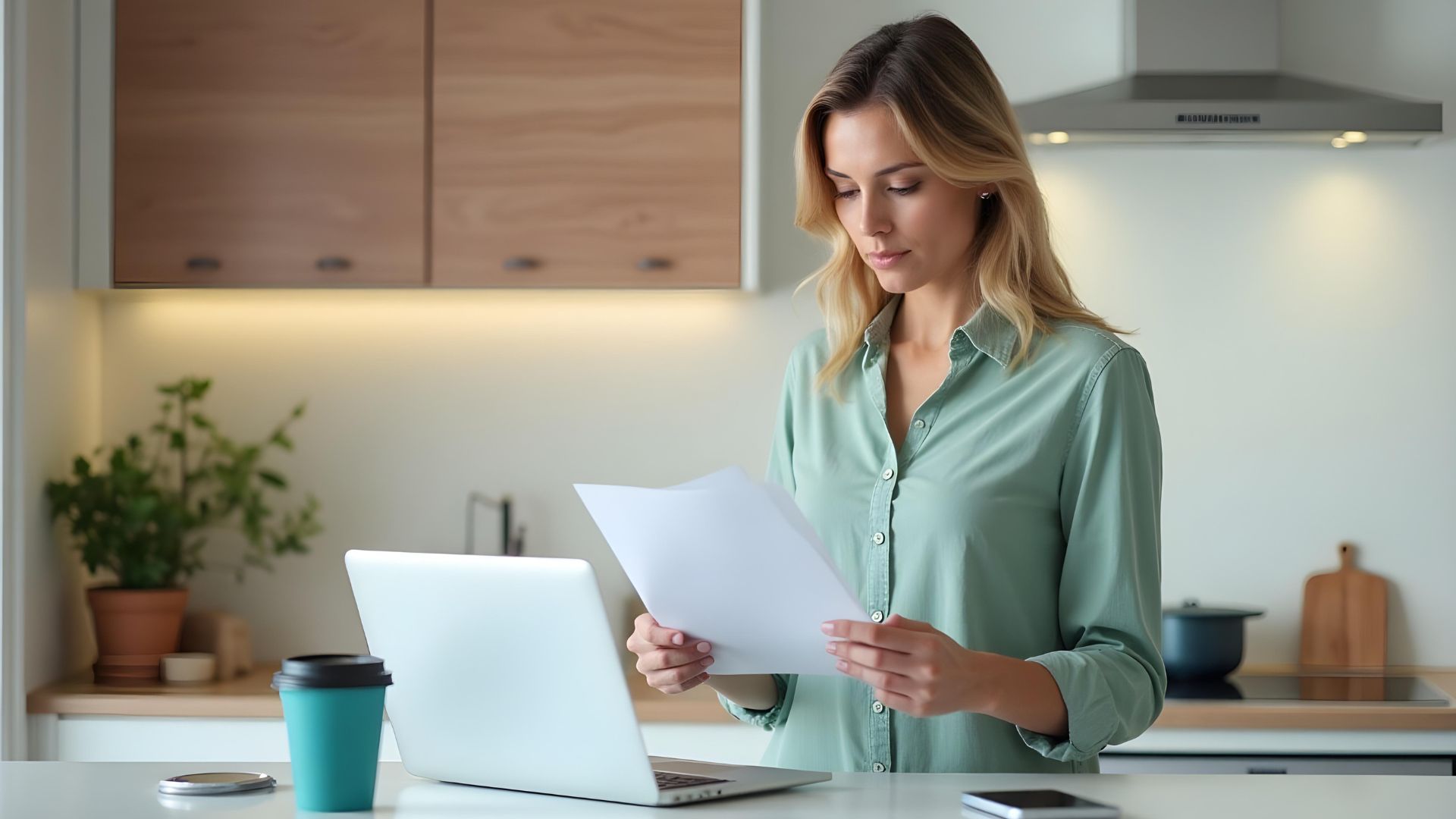 A young woman standing in her kitchen, looking at paperwork after using an interest-only mortgage calculator