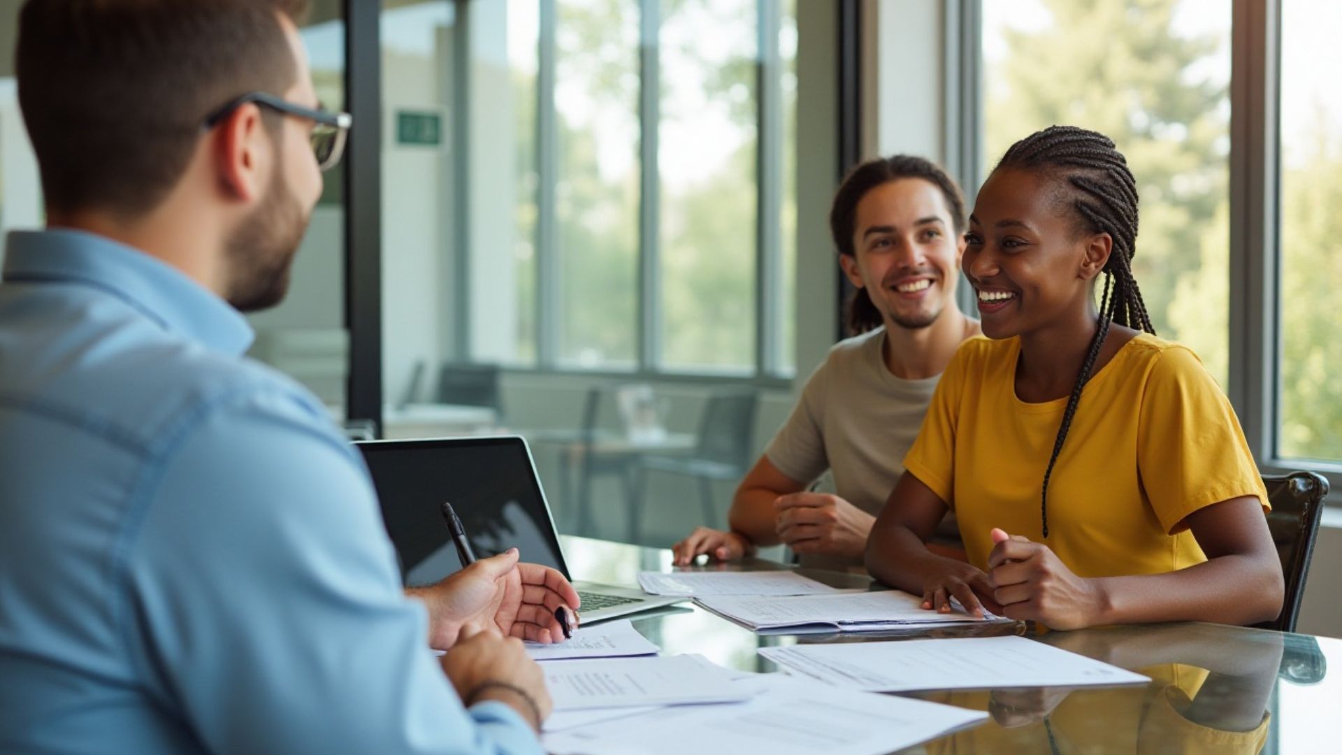 A couple sitting with a broker who is explaining the mortgage application process