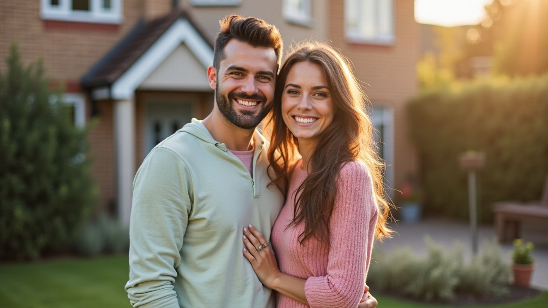 A couple standing outside of their new home, happy with their successful mortgage applications