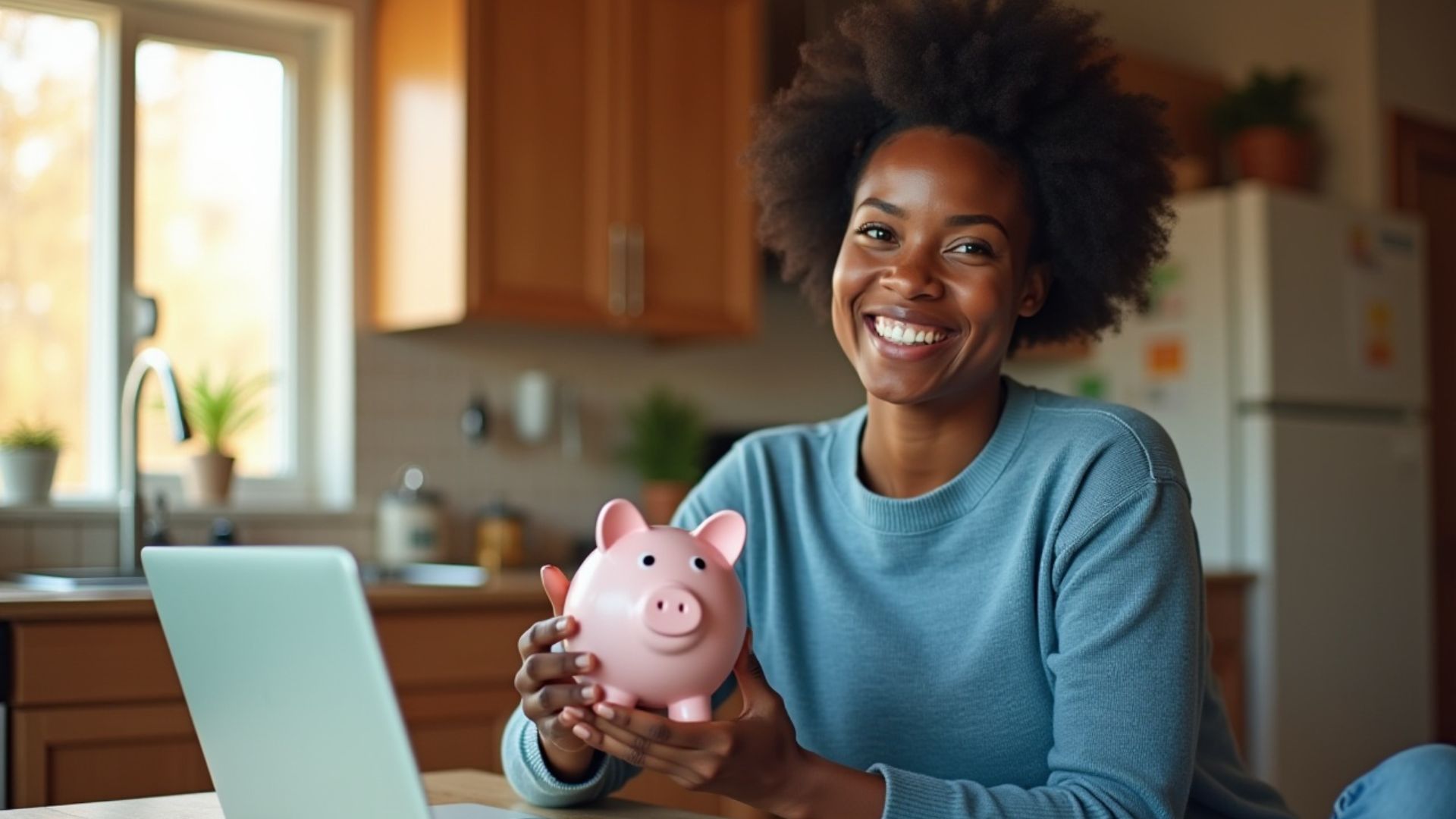 A young black woman wearing a blue jumper holding a piggy bank, similar after counting up savings toward her mortgage deposit