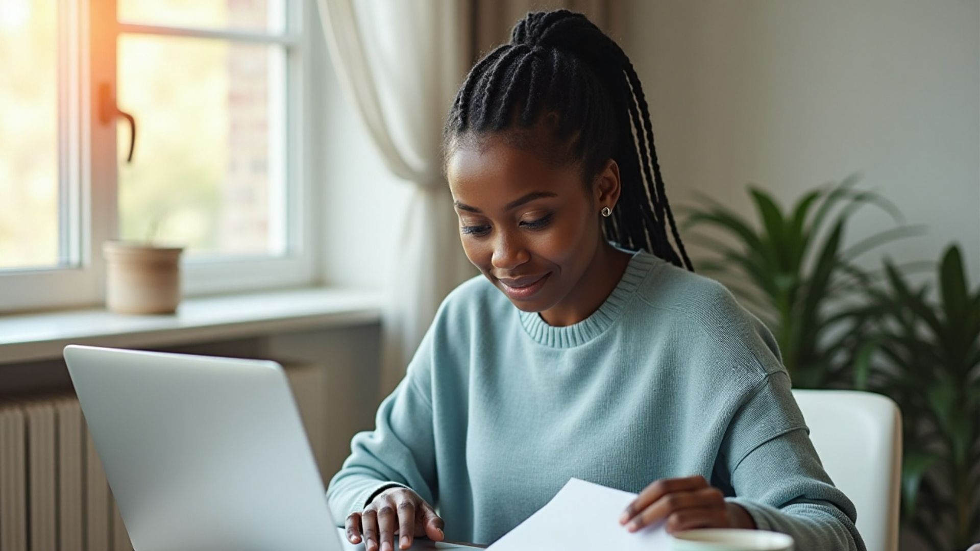 A young black woman wearing a blue jumper sitting at her laptop wondering