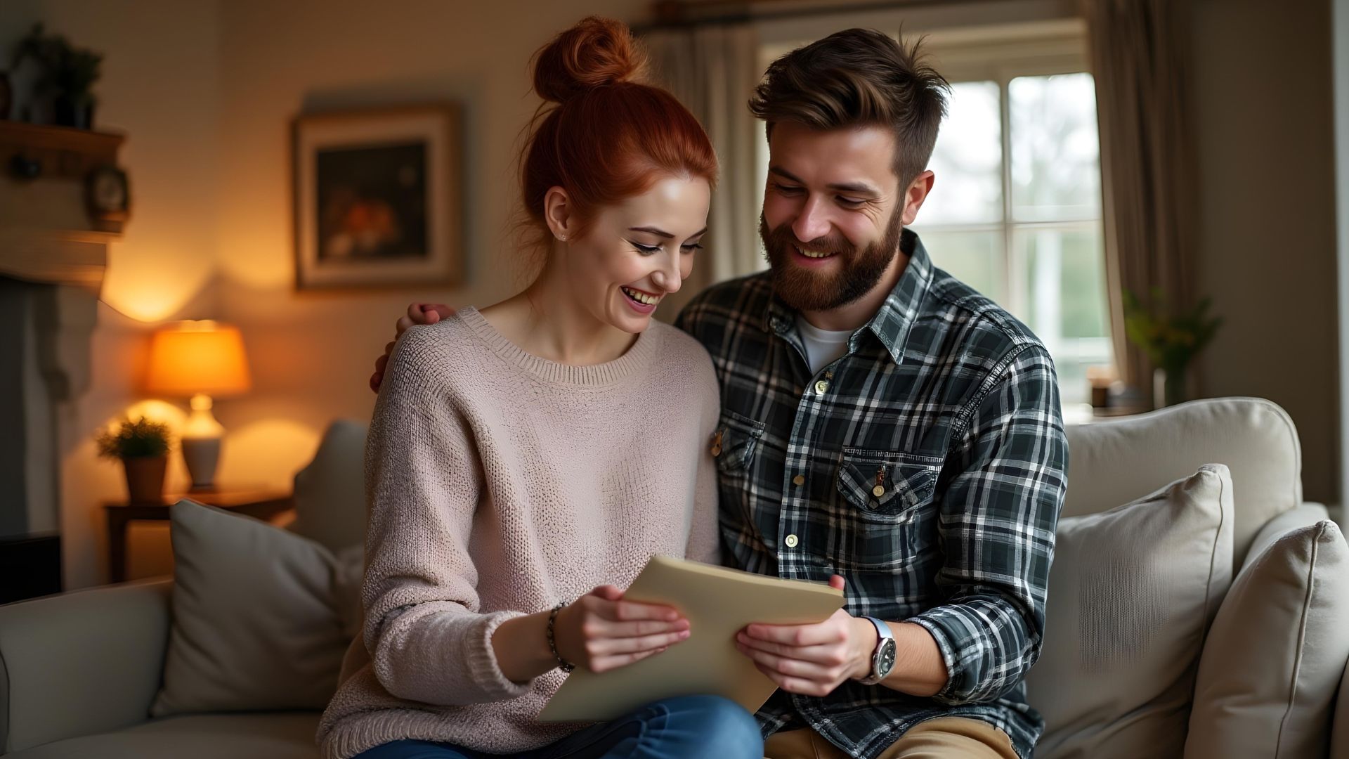 A happy couple reviewing documents together, symbolising success with a mortgage after bankruptcy.