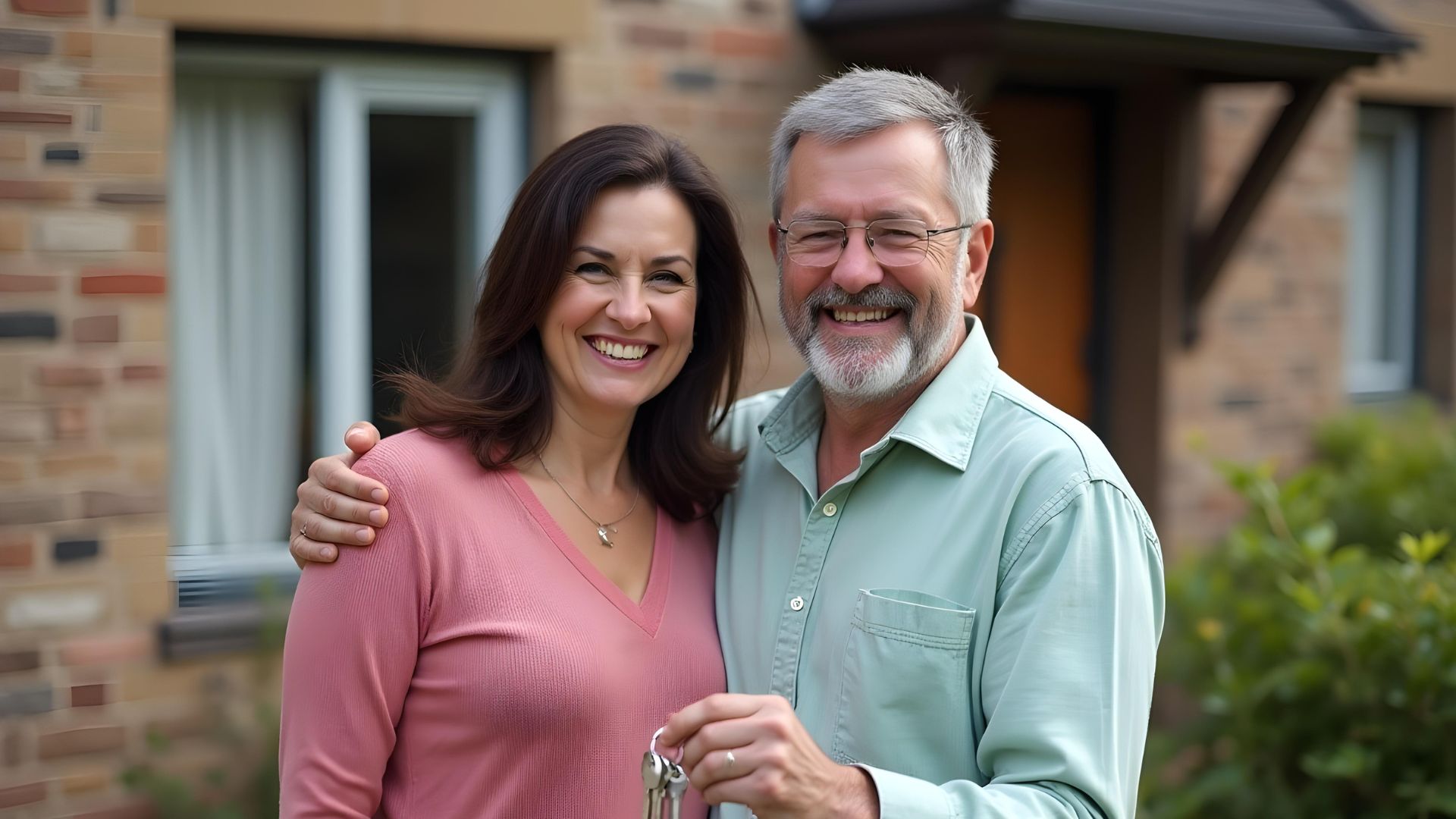 A smiling man and woman stand in front of a house, with the man holding a set of keys. This image represents a new beginning for homeowners looking for a mortgage after repossession.