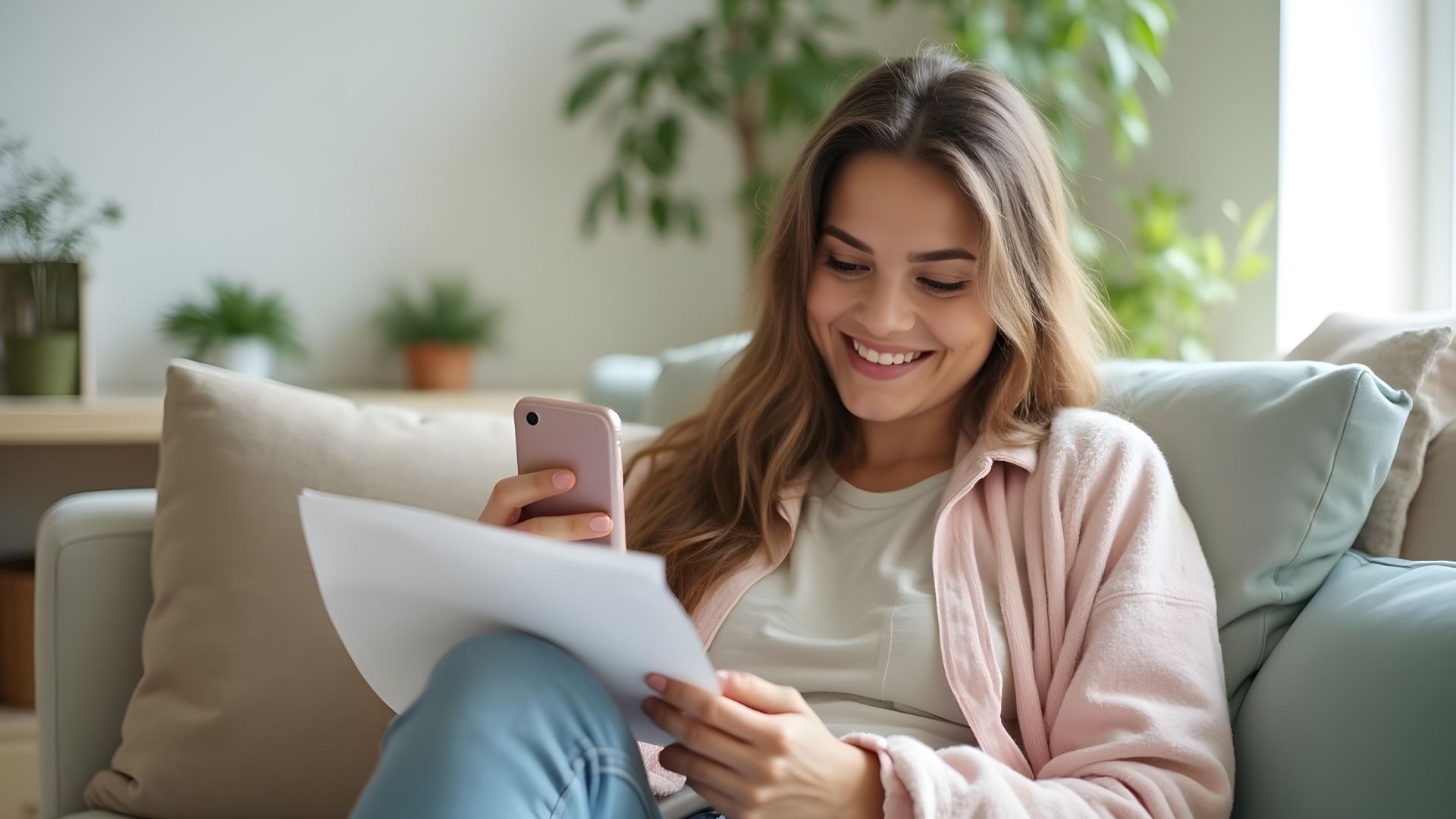 A smiling person sits comfortably on a sofa, looking at a document in one hand and holding a smartphone in the other, suggesting they are managing finances or looking into a mortgage with a CCJ.