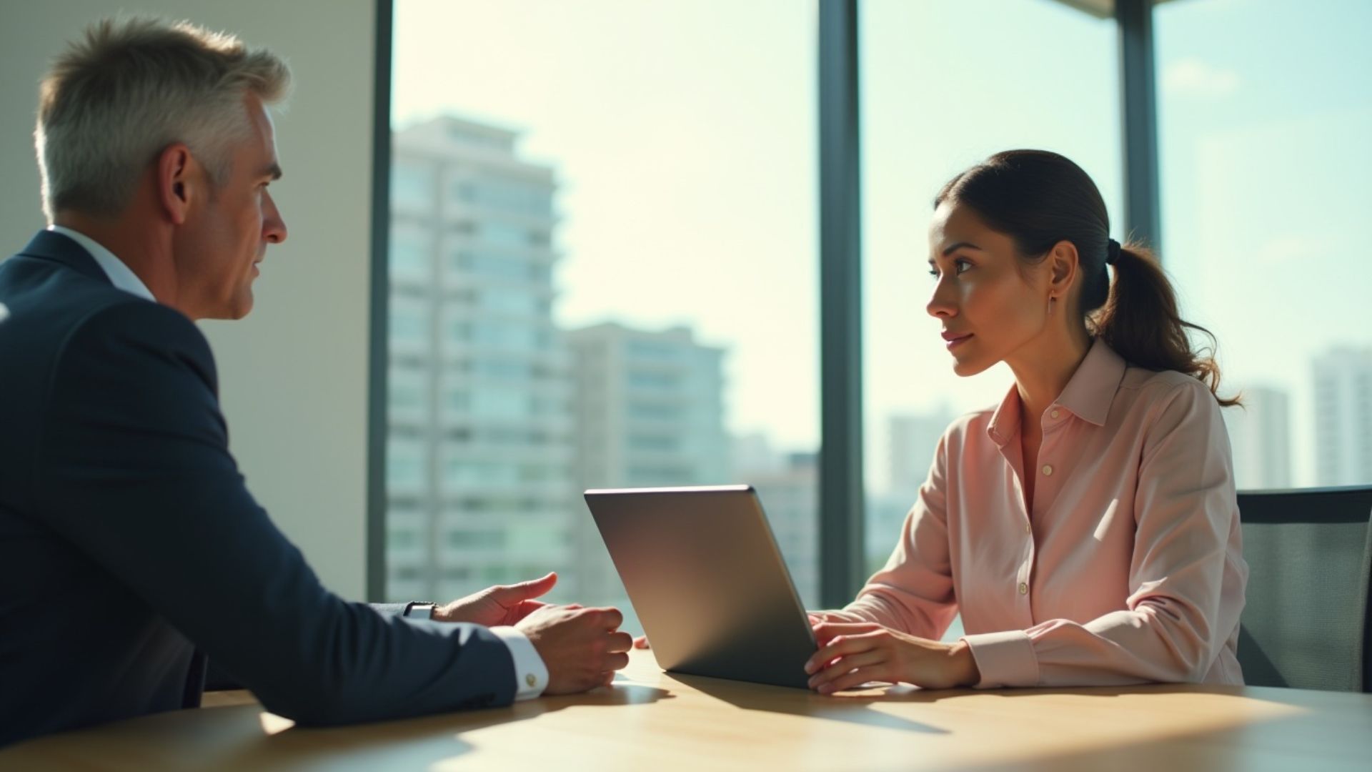 A professional-looking woman and man are seated at a table with a laptop, engaged in a serious discussion about a mortgage with a default.