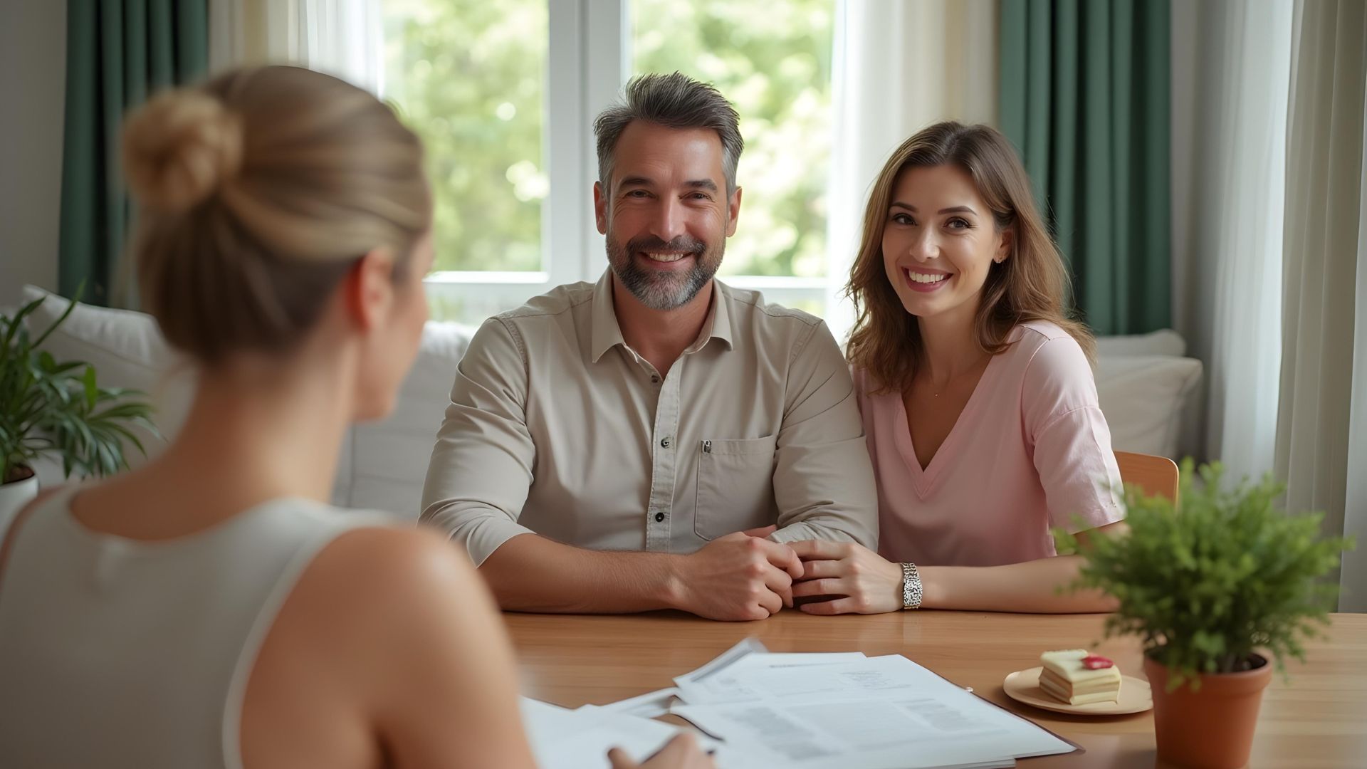 A smiling couple sits with a mortgage advisor at a table with documents, discussing a mortgage with a DMP.
