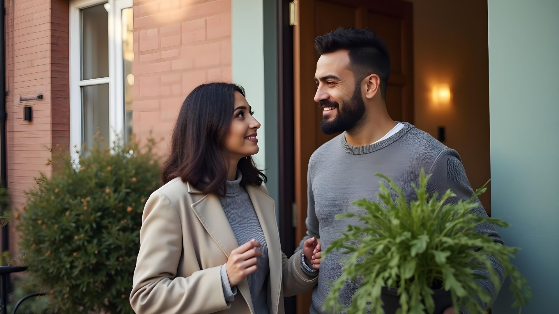 A happy couple stands smiling outside a home, one holding a plant, as they discuss their mortgage with an IVA.