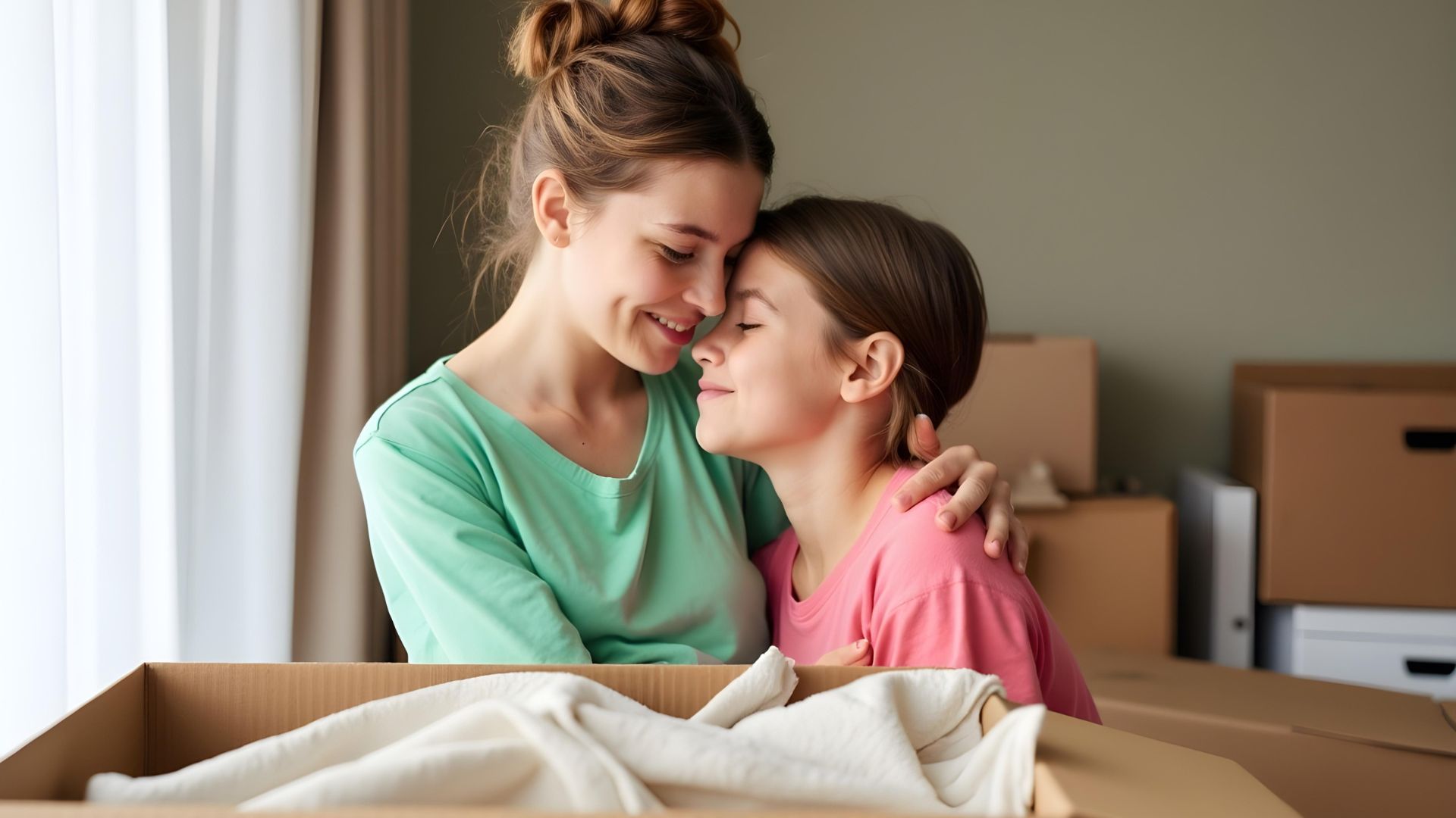 A happy mother embraces her child in front of moving boxes, having successfully secured a mortgage with missed payments.