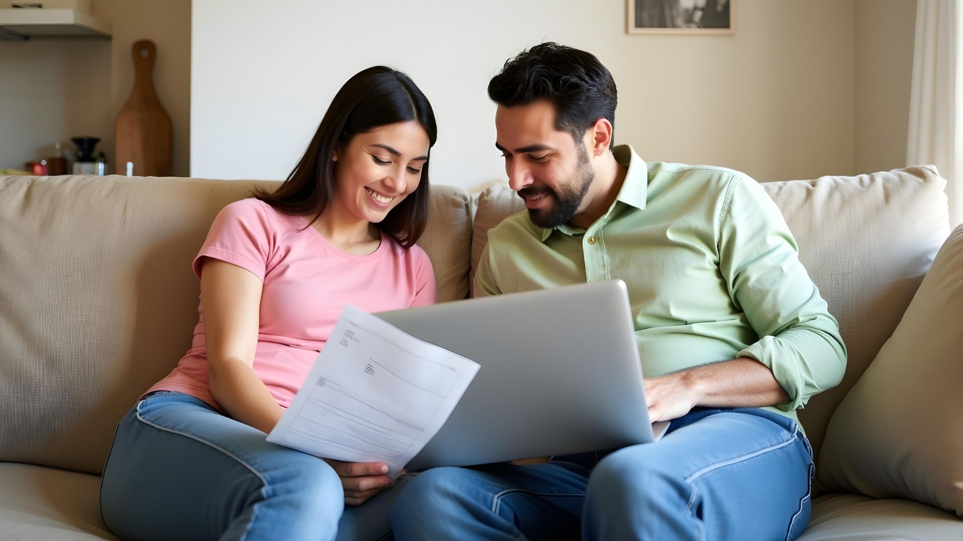 A smiling couple sits on a sofa, looking at documents and a laptop, discussing their options for a mortgage with payday loans.