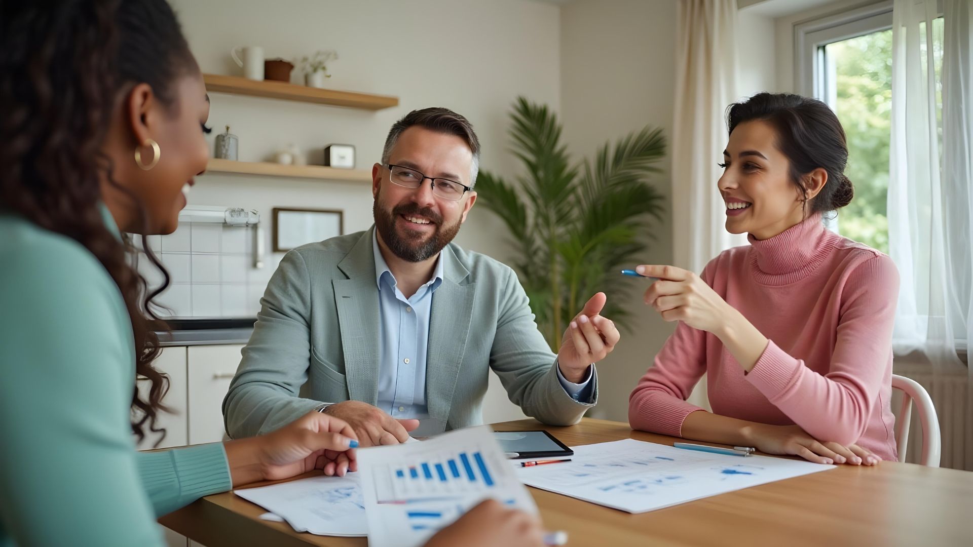 A couple sitting round a table with a mortgage broker discussing their remortgage calculator results