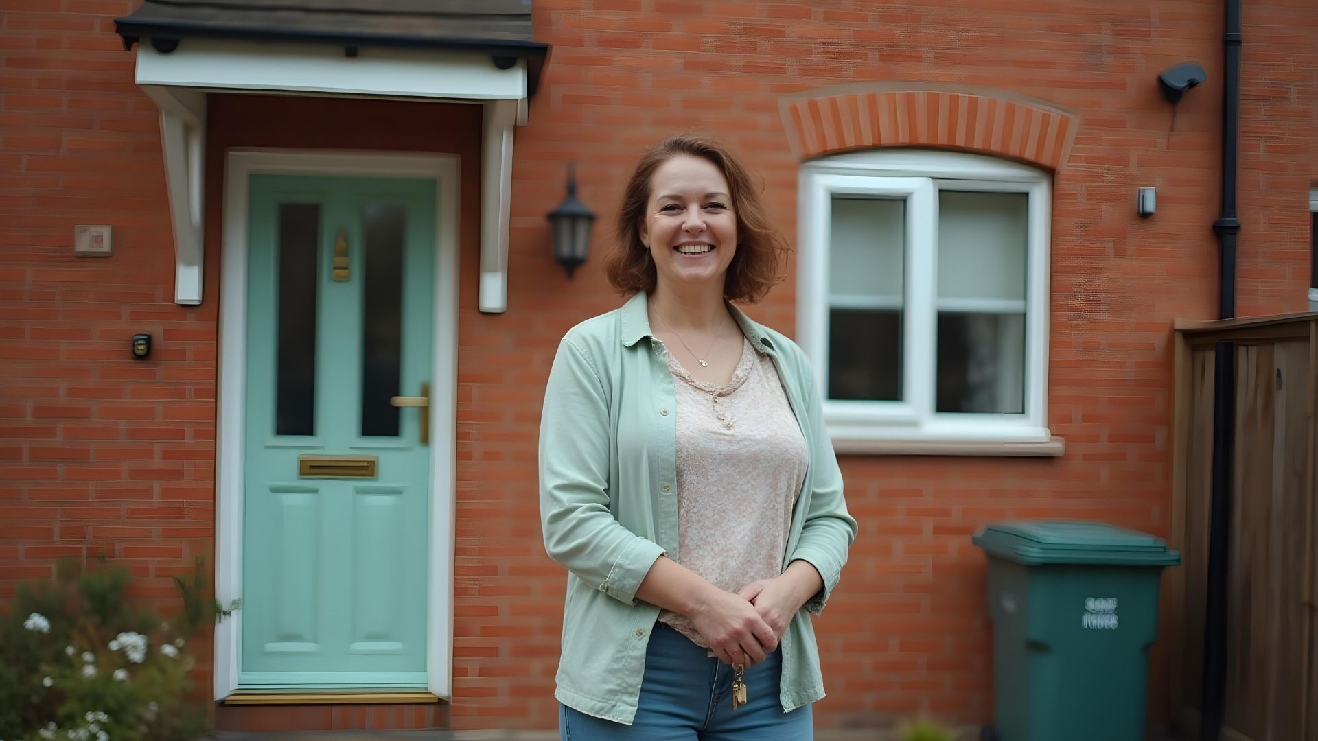 A woman standing outside of her newly purchased home after finding out how much she could borrow with a right to buy mortgage calculator