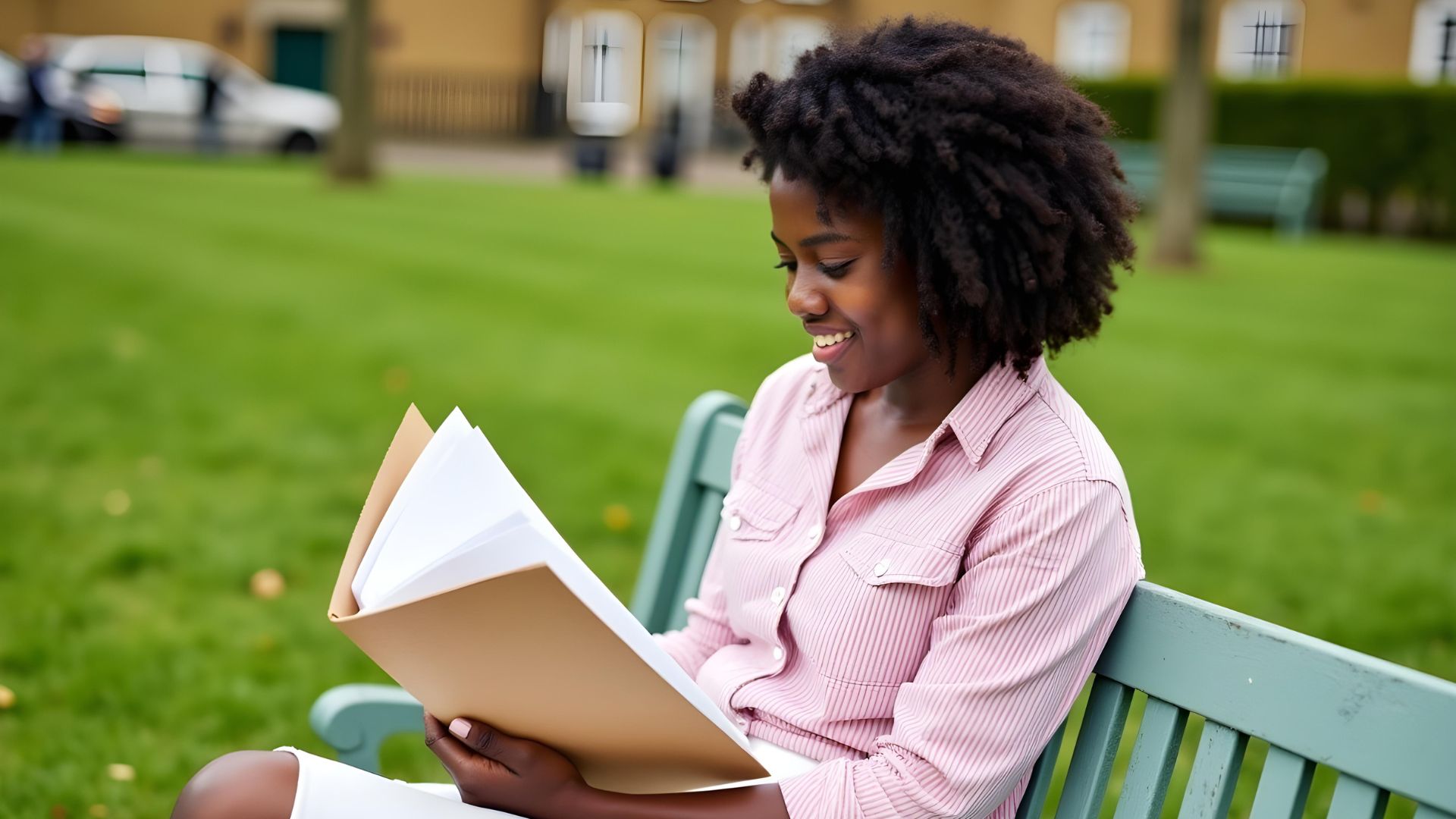 A young black woman wearing a pink shirt, sitting on a bench contemplating paperwork happily for her secured loan