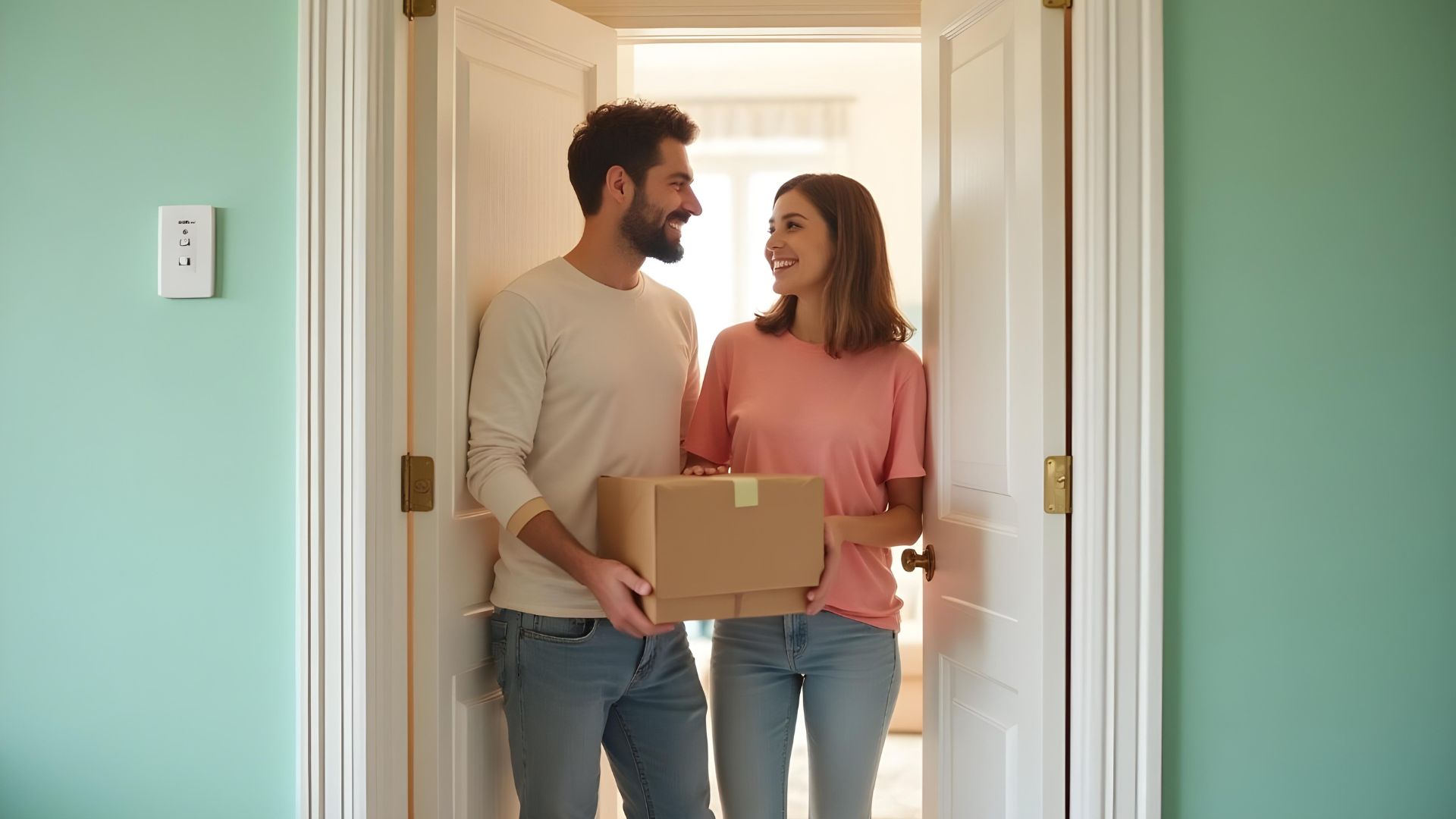 A couple with moving boxes after using a Shared Ownership mortgage calculator