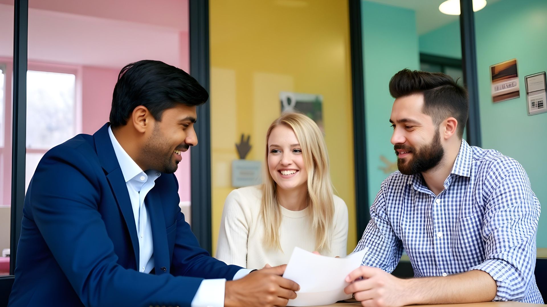 A trio of mortgage brokers sitting around a desk having a discussion looking at paperwork and smiling