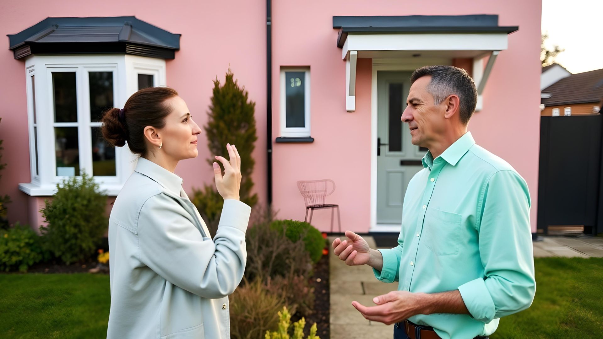 A couple standing outside a pink house in the UK discussing their buy-to-let mortgage
