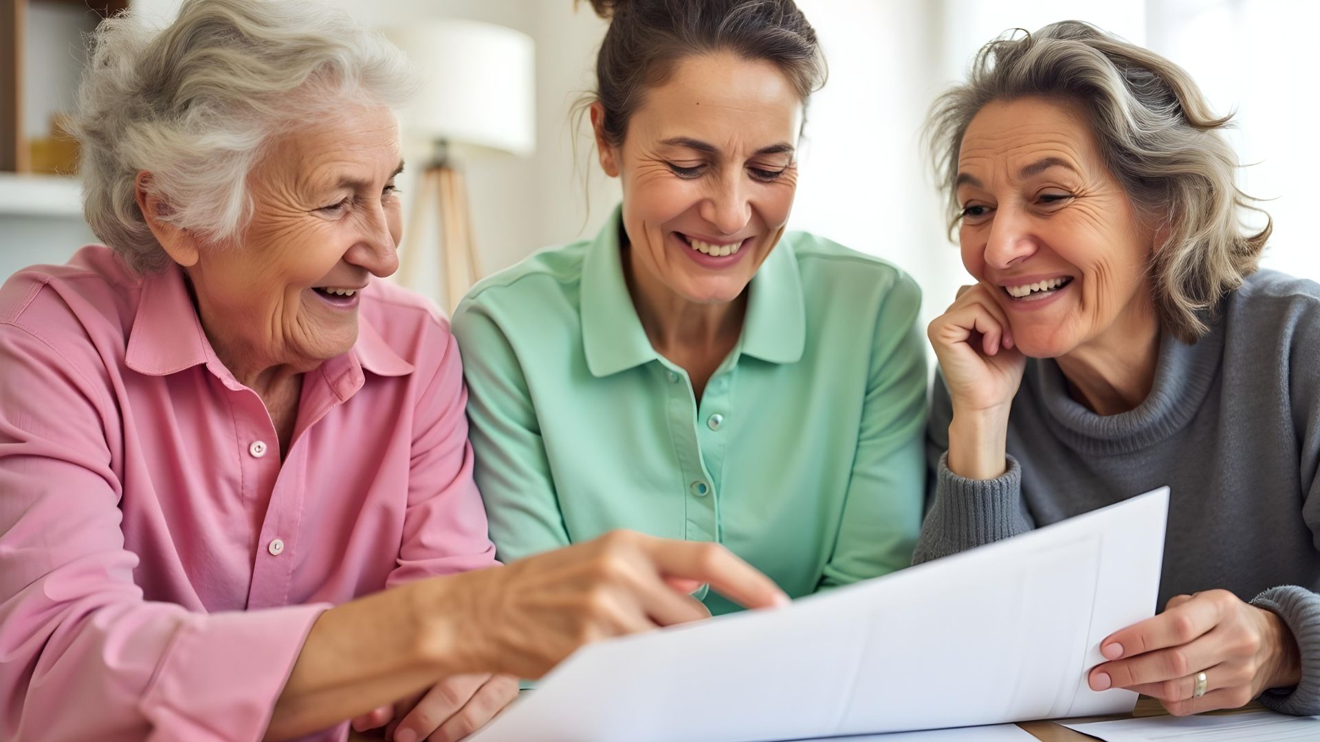 A group of 3 older women sitting round a document discussing the equity release process