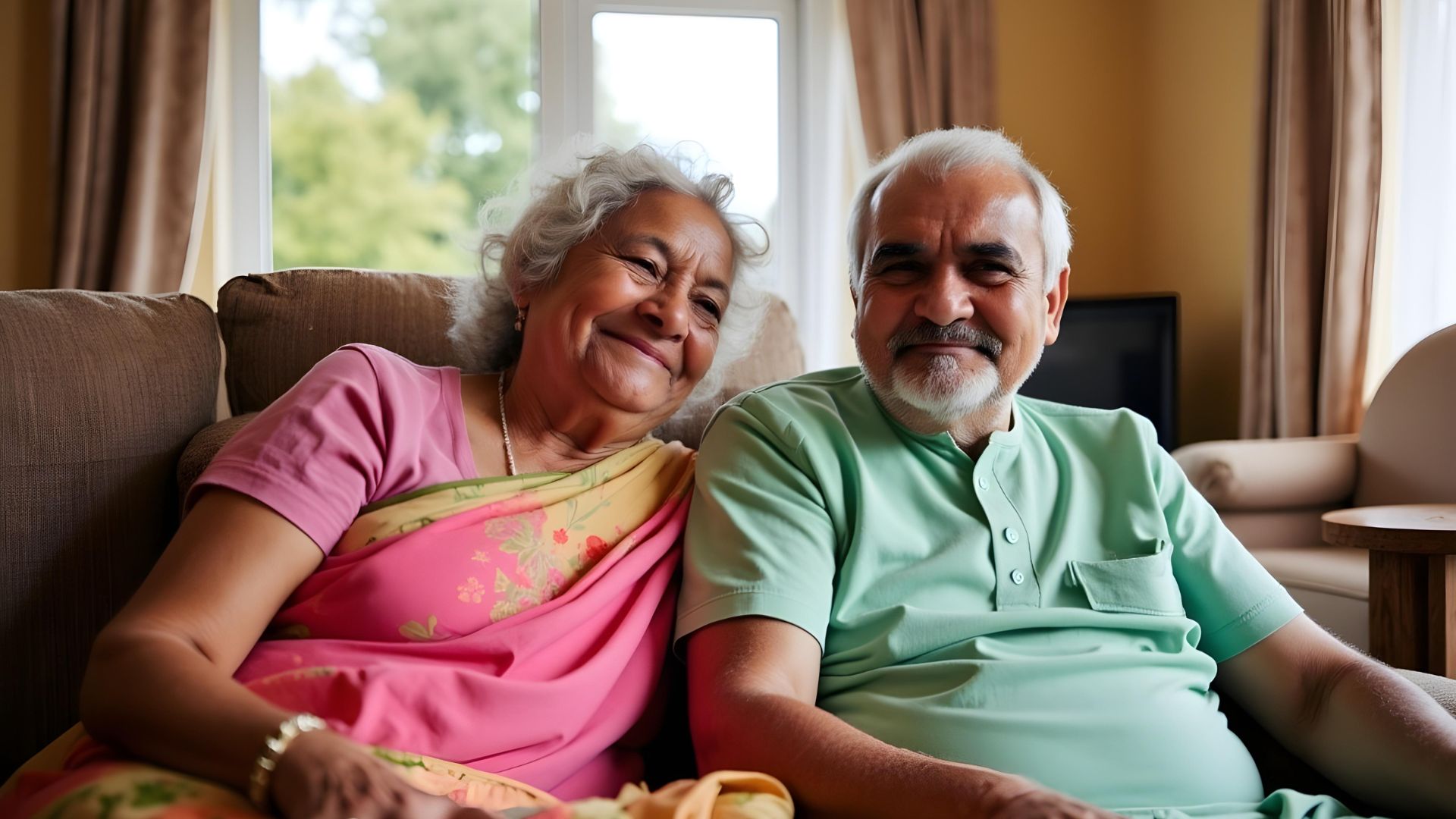 A couple sitting together in their living room after happily discussing the cost of equity release