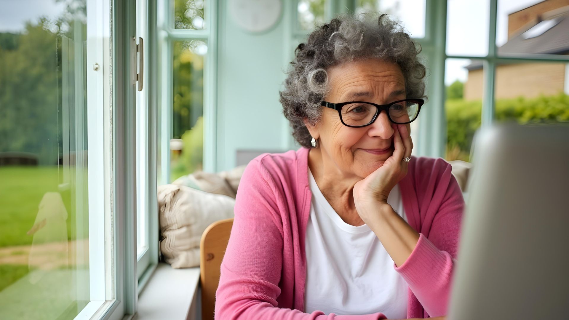 An elderly lady in a pink cardigan sitting in her conservator looking at her laptop considering equity release interest rates