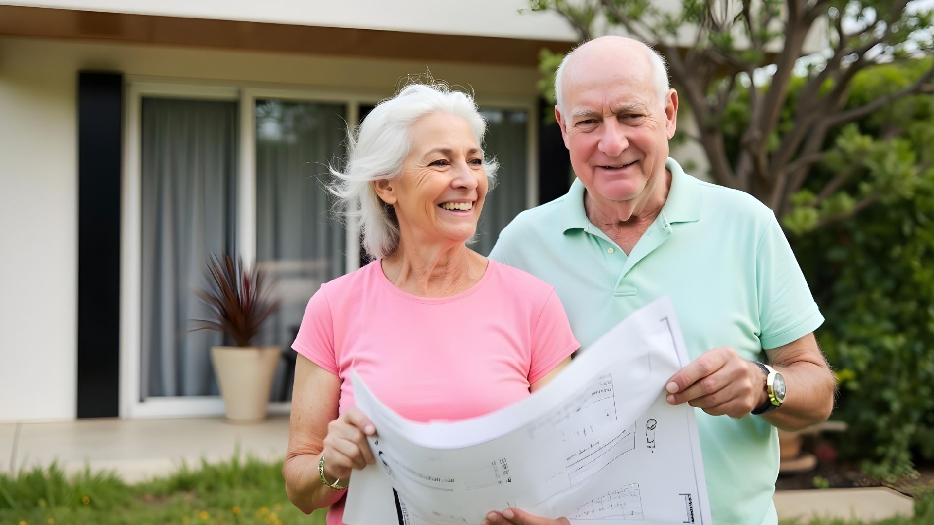 An older couple holding plans for their new home after discussing equity release uses