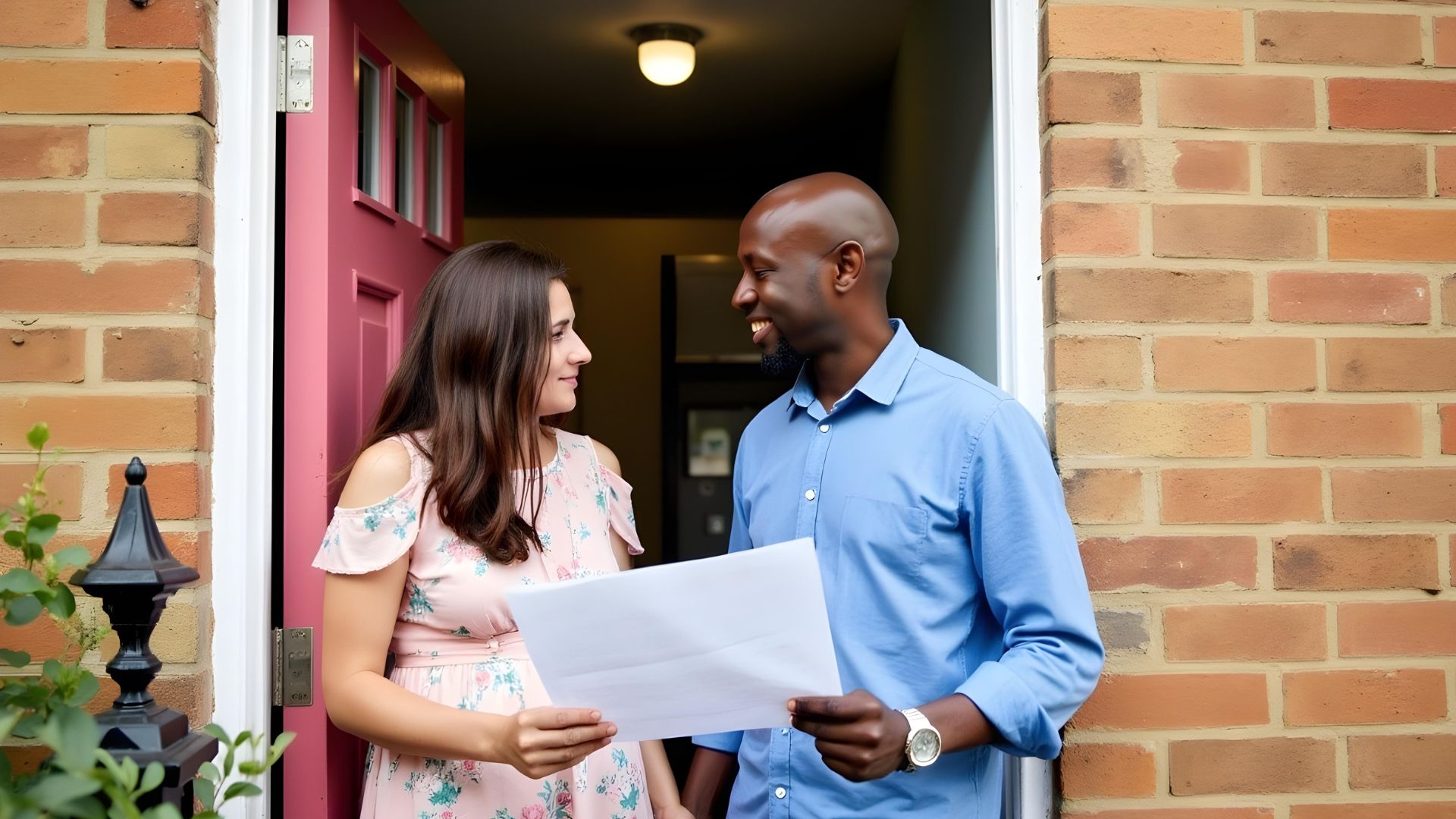 A diverse couple standing outside of their UK home after a successful first-time buyer mortgage application