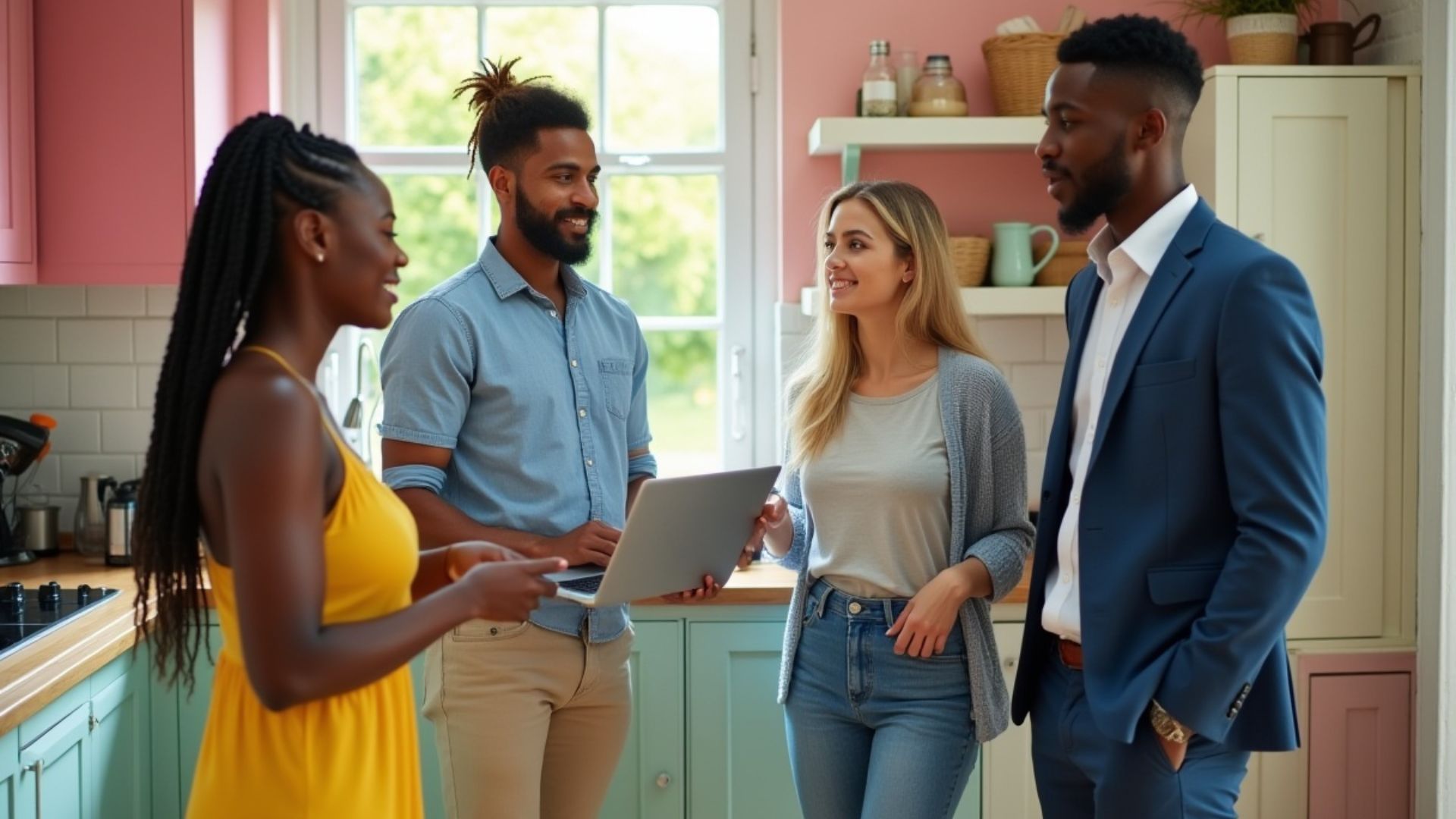 A group of young professionals standing in their kitchen discussing their hmo mortgage