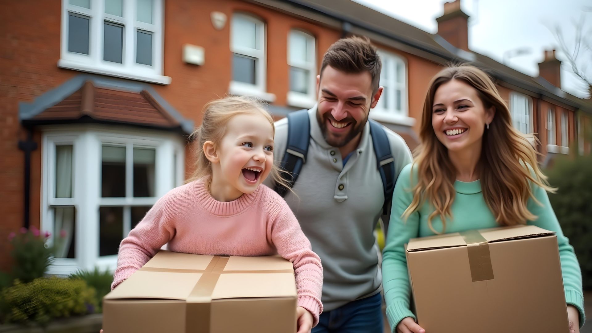 a family with moving boxes outside of their new home after undertaking a moving home mortgage