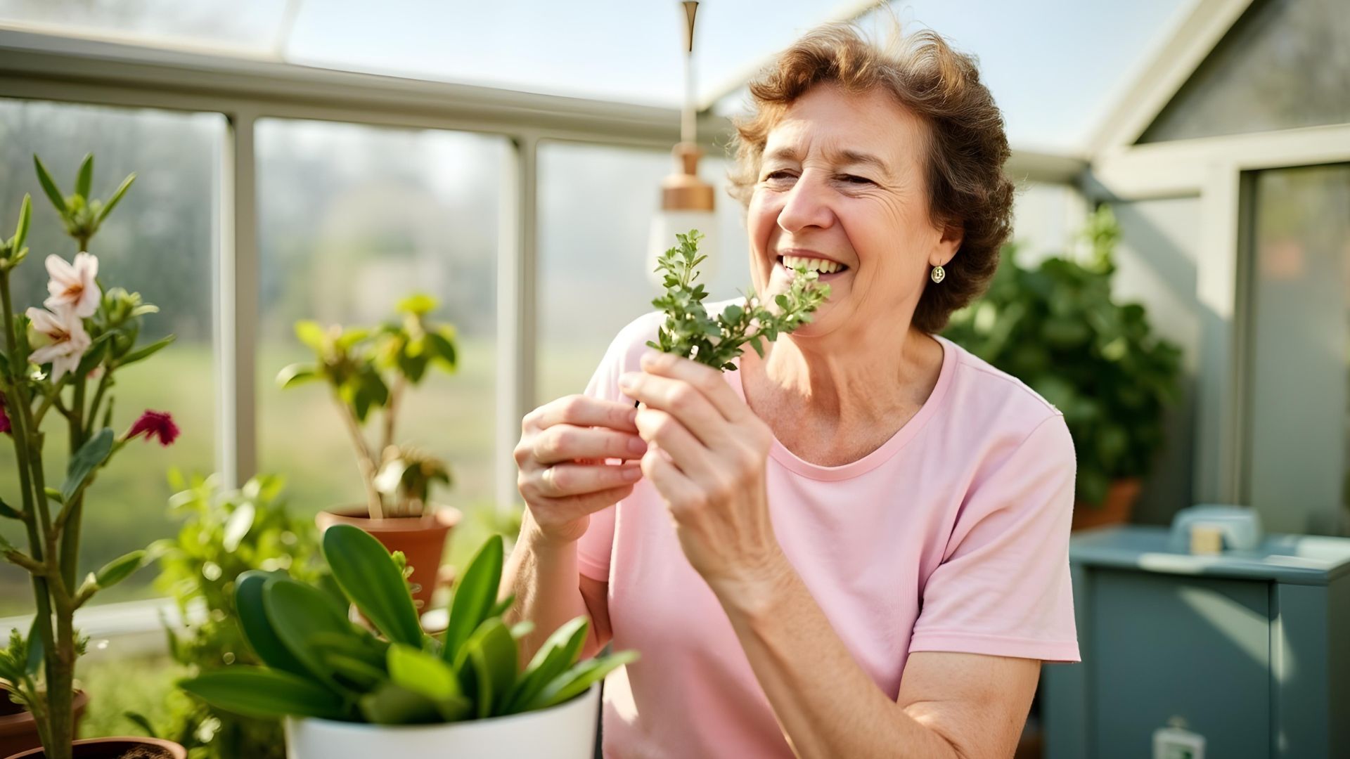 a lady in her greenhouse enjoying living in her home after taking up a home reversion plan
