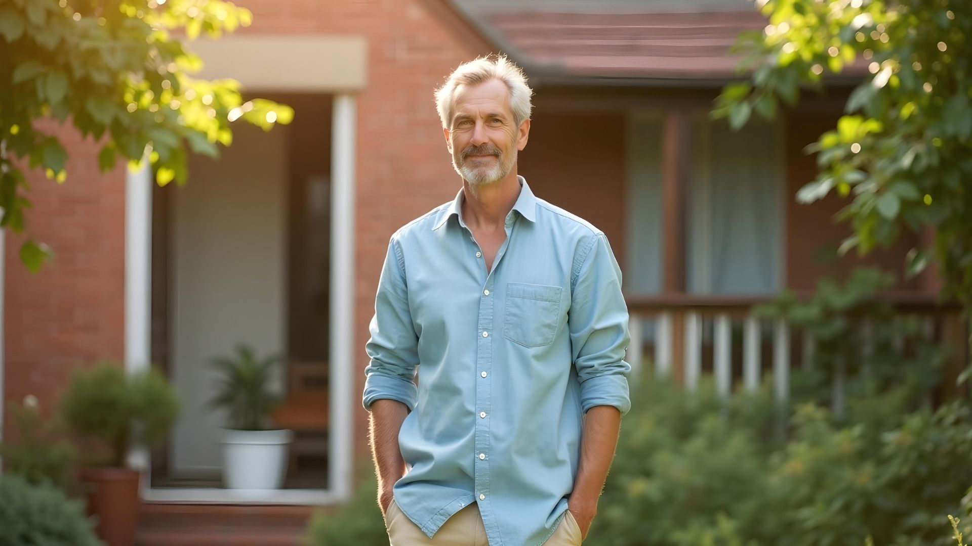 An older man standing outside his home in the sun, with his hands in his pockets, smiling after getting an interest-only buy-to-let mortgage