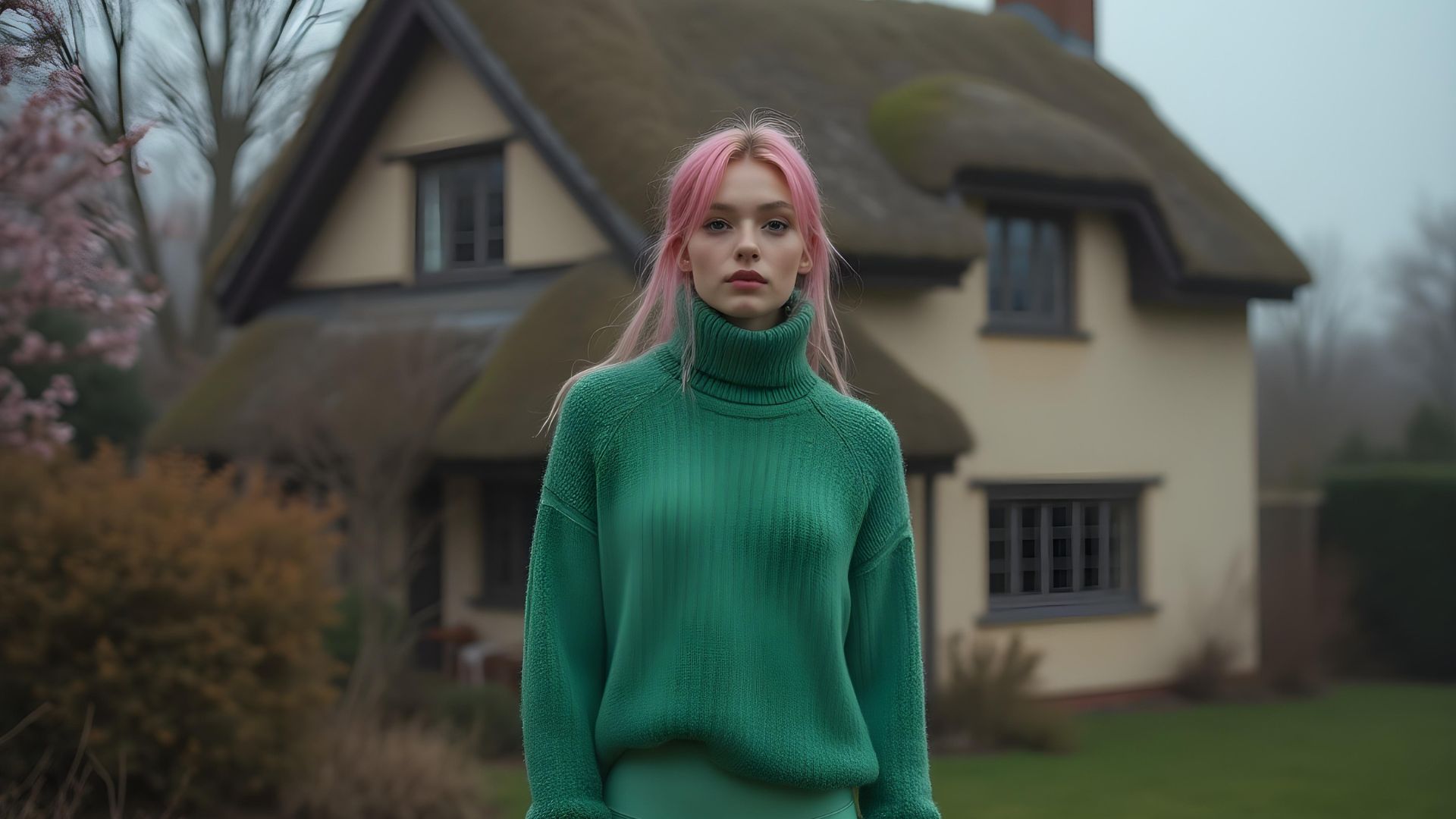 A young woman wearing a green jumper with pink hair standing outside of her family property with a thatched roof after looking for a let-to-buy mortgage