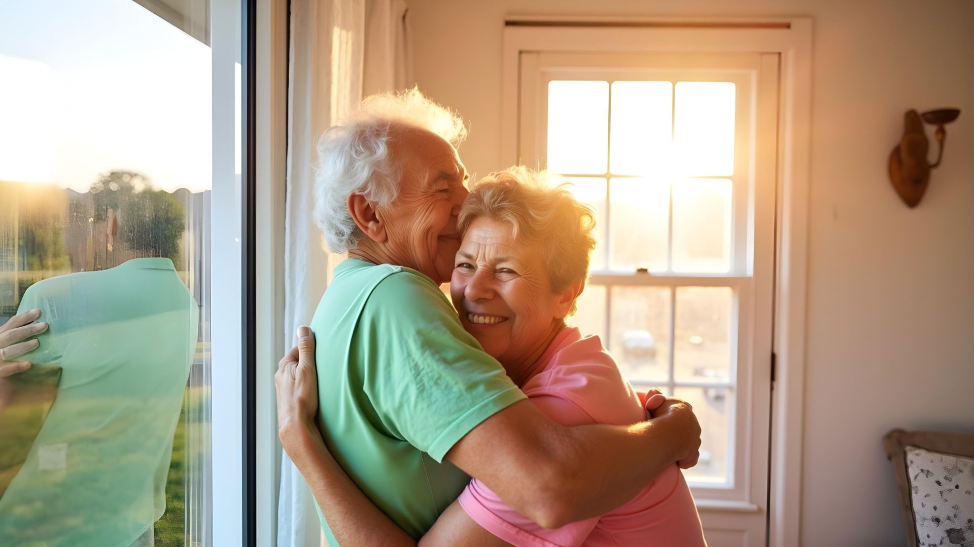 An older couple hugging in their hallway after discussing lifetime mortgages